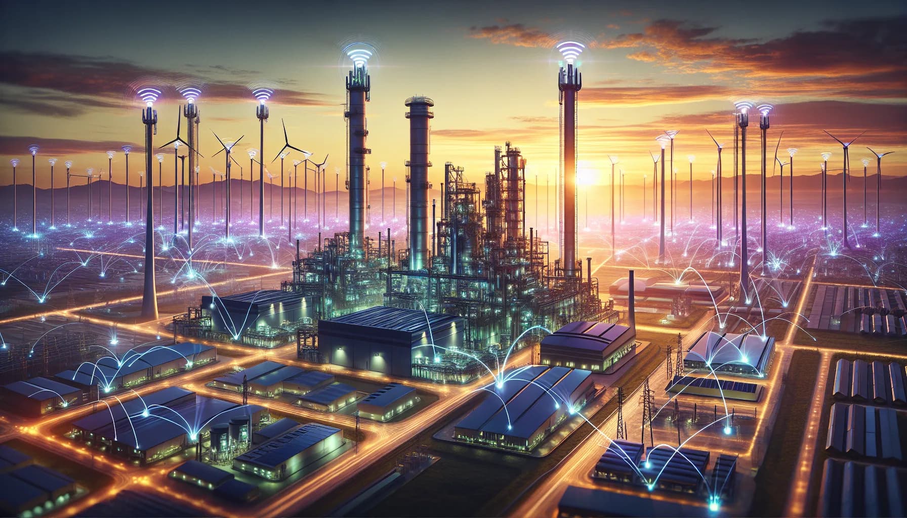 Futuristic smart factory with 5G towers, IoT sensors, and glowing data streams connecting low-power devices at golden hour.