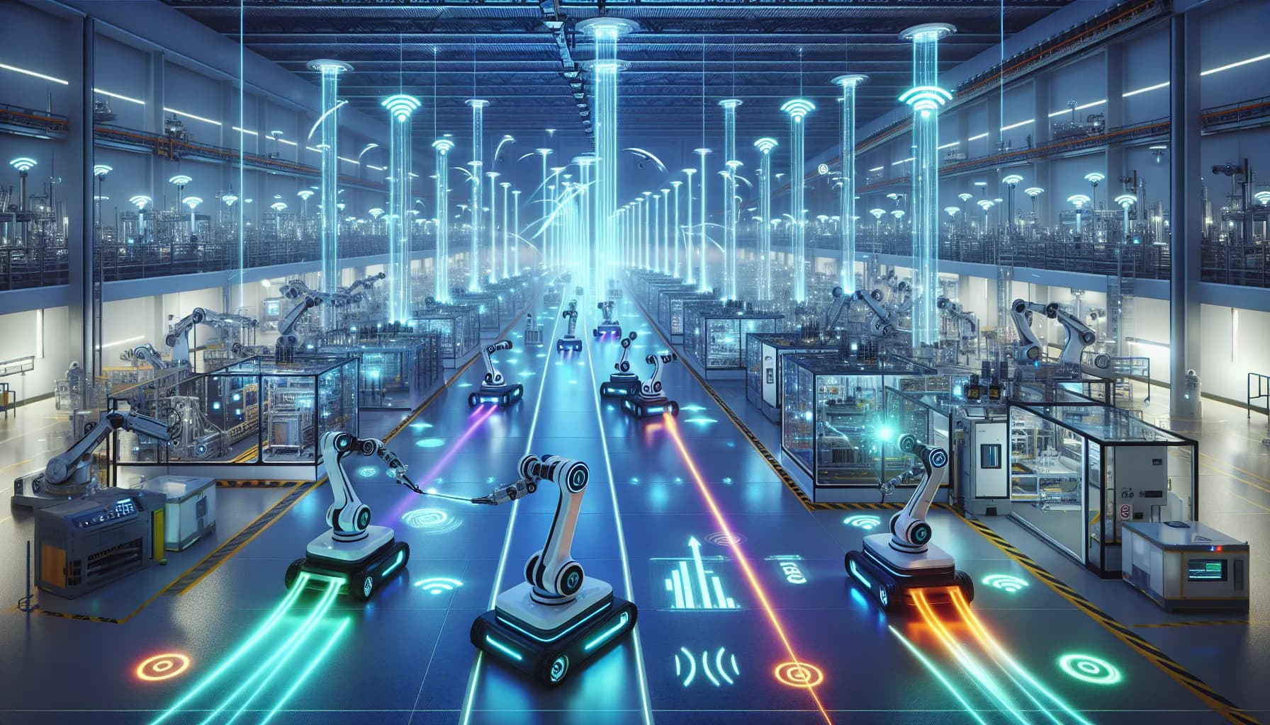 Futuristic smart factory with robotic arms, autonomous vehicles, and glowing 5G signal waves connecting machines and sensors