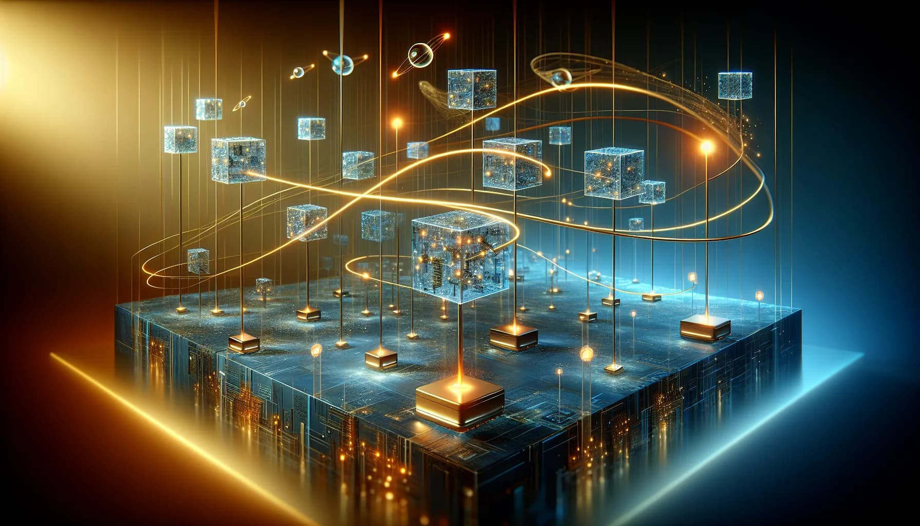 IoT sensors connected by golden data streams in blue digital space, representing efficient CoAP protocol communication