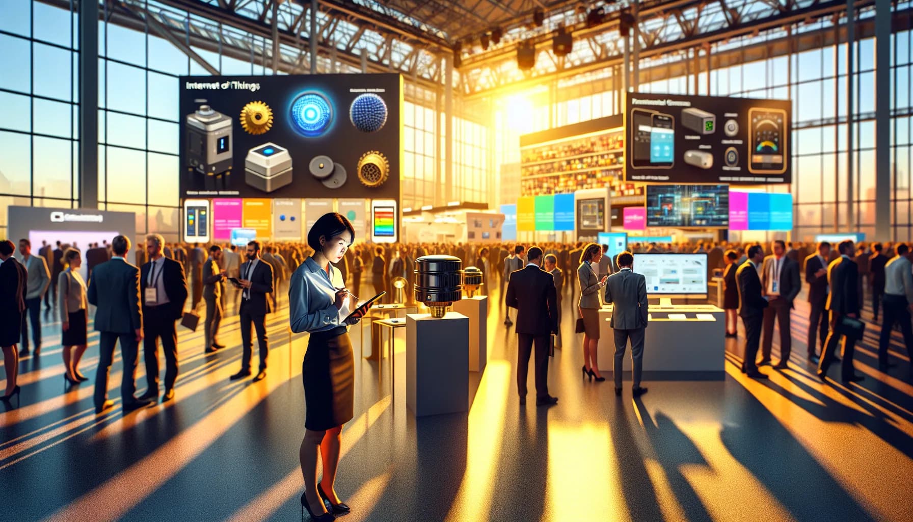 Professionals networking and examining IoT devices at a modern conference with warm lighting and interactive displays