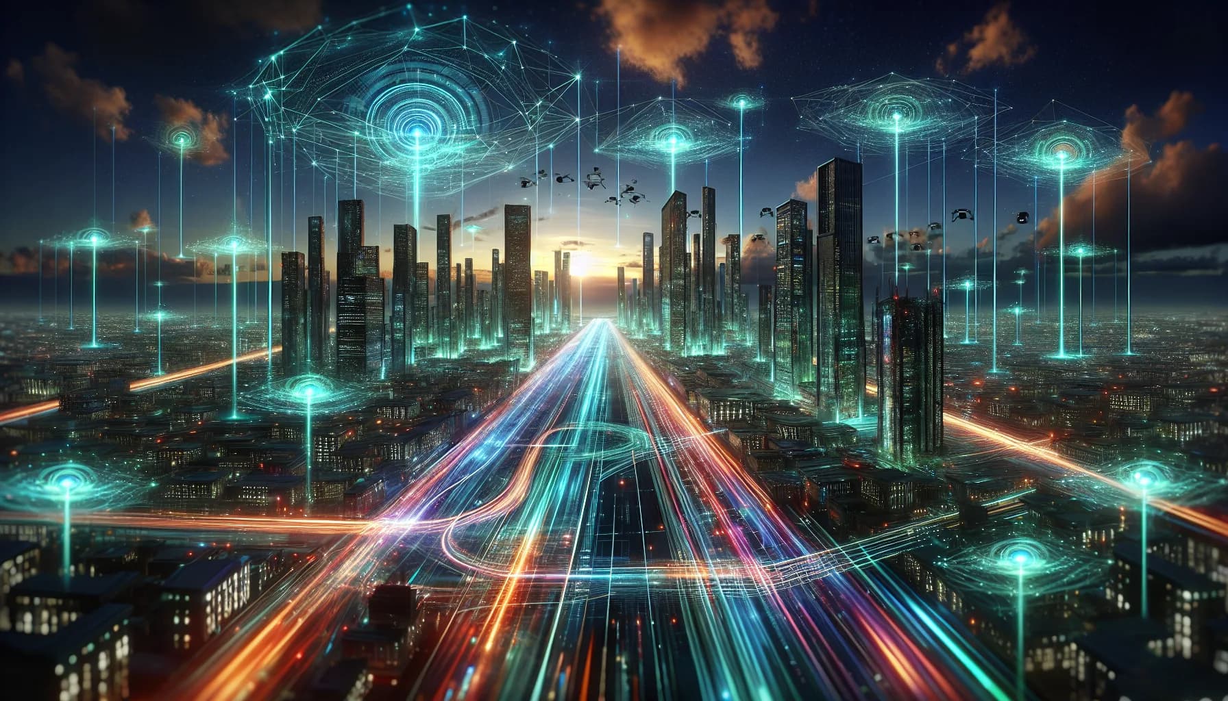 Futuristic smart city at golden hour with glowing data streams connecting buildings, autonomous vehicles, and drones via 5G network