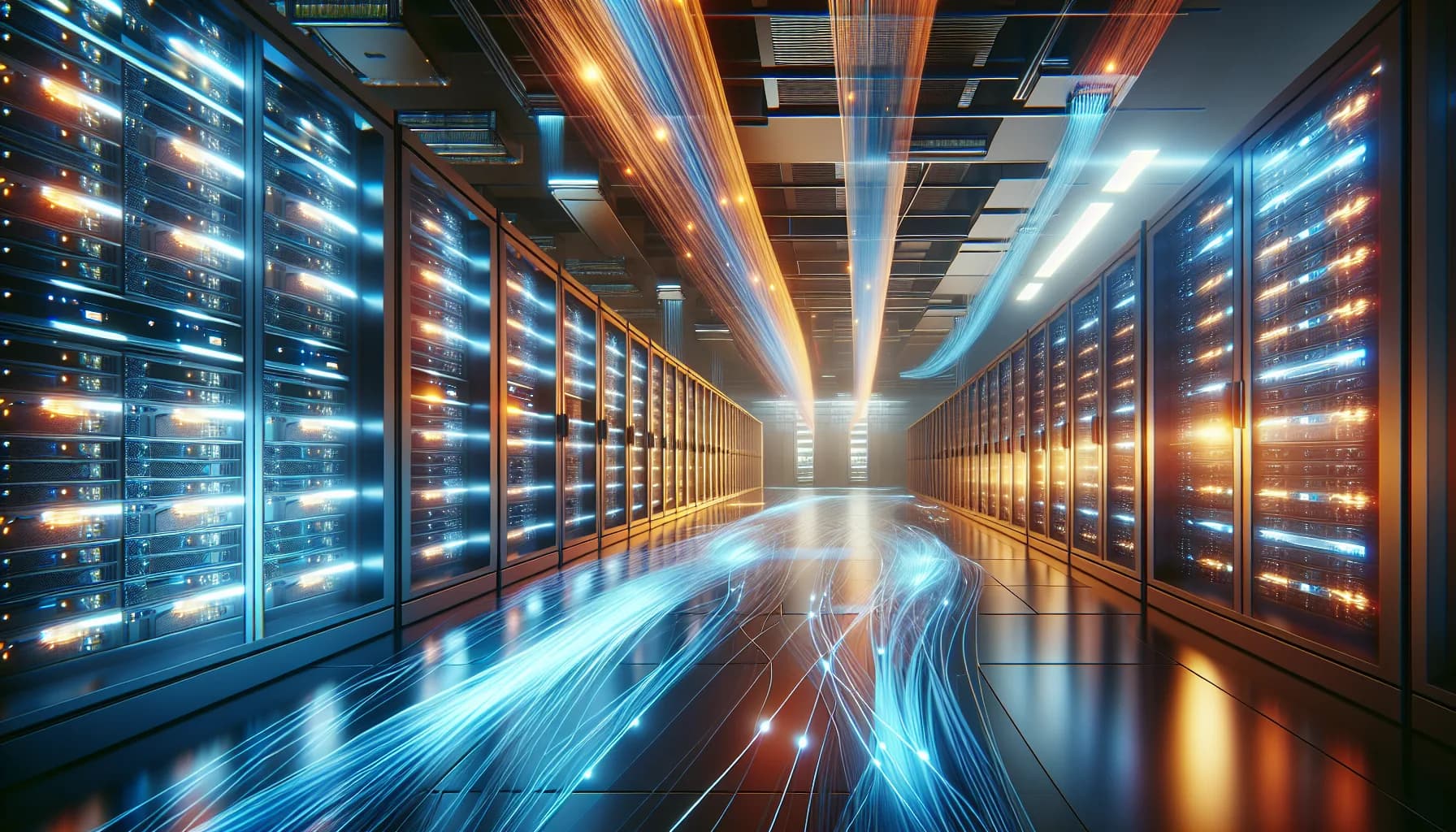 Modern data center with glowing blue and orange data streams flowing between servers, representing M2M communication networks.