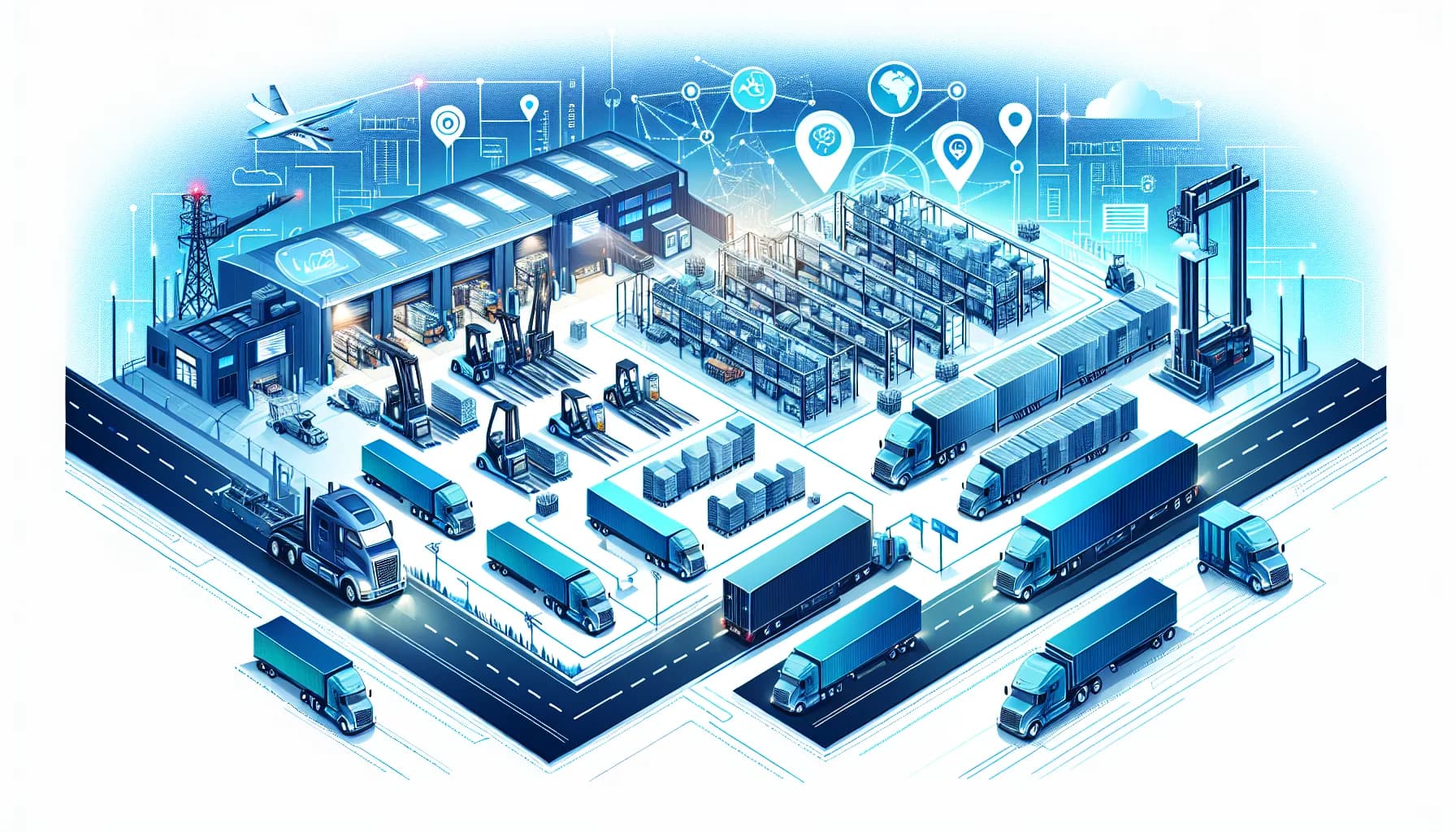 Illustration for How M2M Transforms Warehouse Management - Logistics and Fleet Management concept visualization