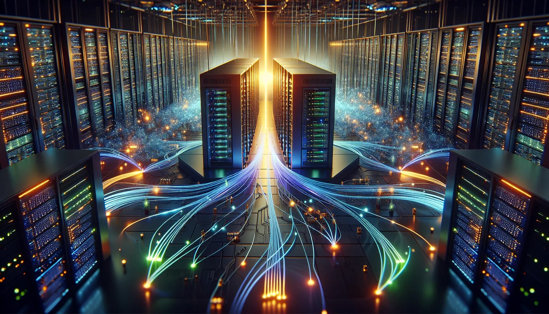 Modern data center with central glowing server hub and colorful data streams representing MQTT message flows between publishers and subscribers.