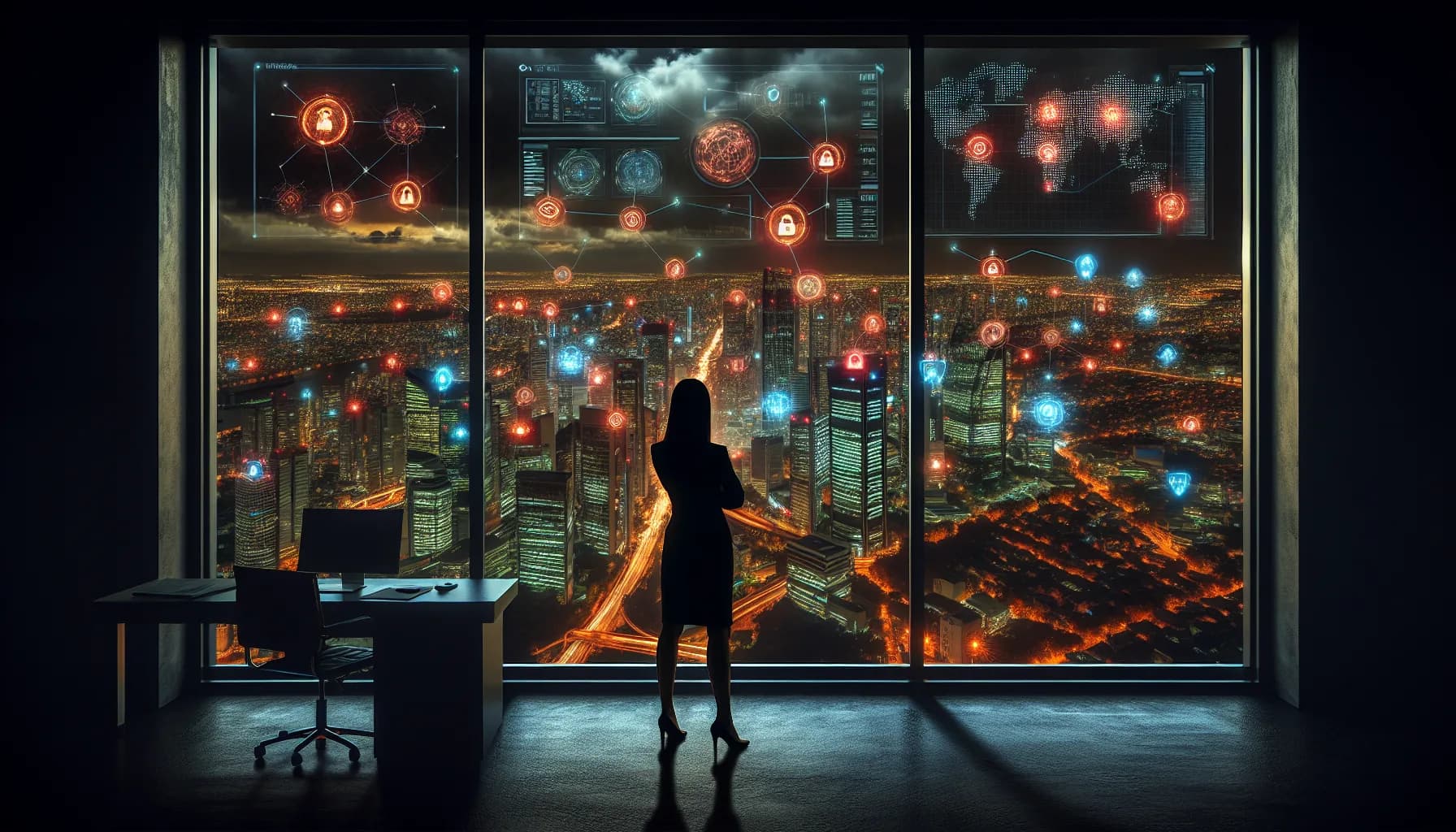 CISO silhouette overlooking nighttime cityscape with glowing IoT devices and floating holographic security threat indicators