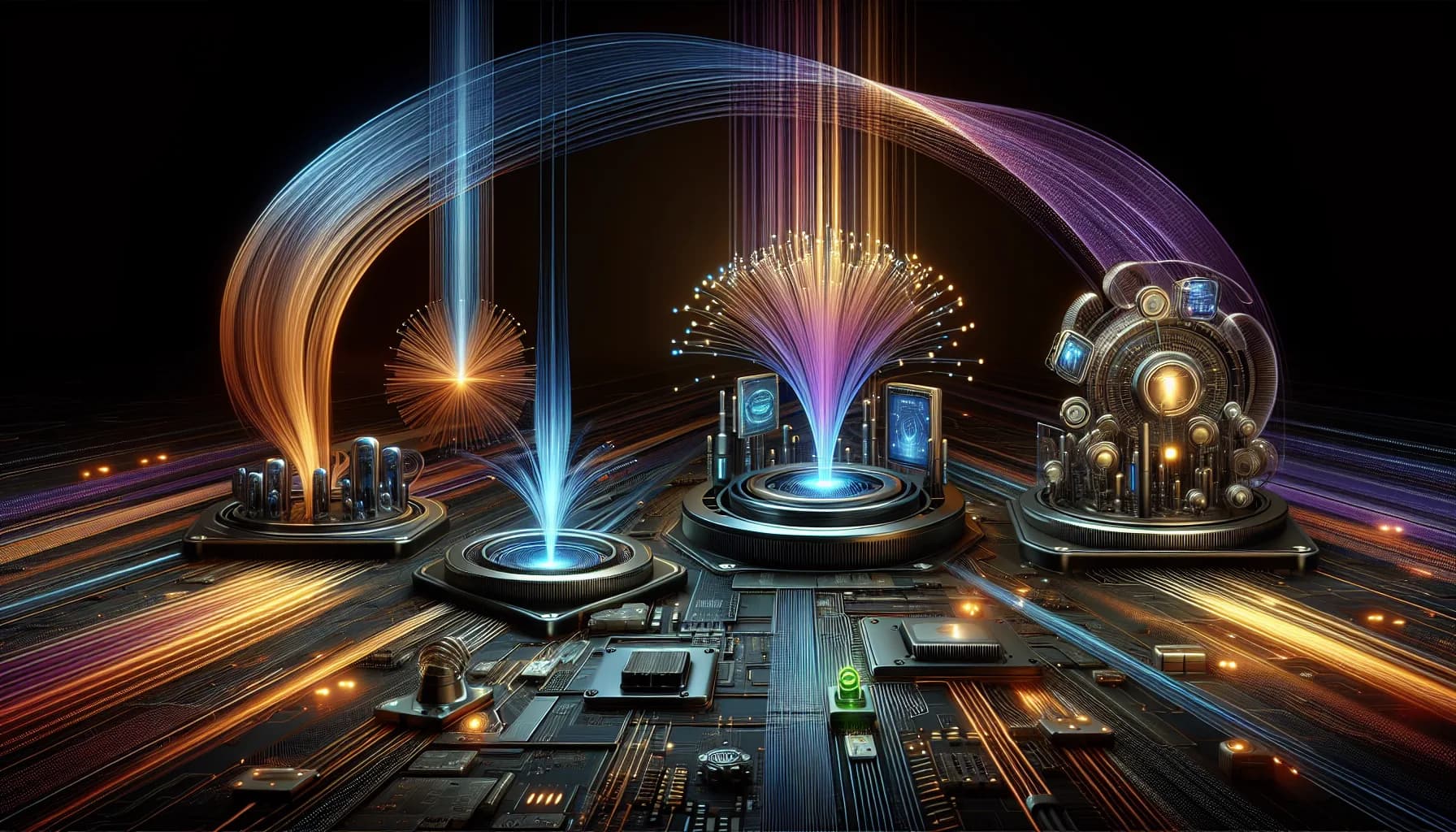 Wide-angle view of M2M system components: blue-glowing sensors on left, colorful data streams in center, chrome actuators on right, connected by flowing light trails.