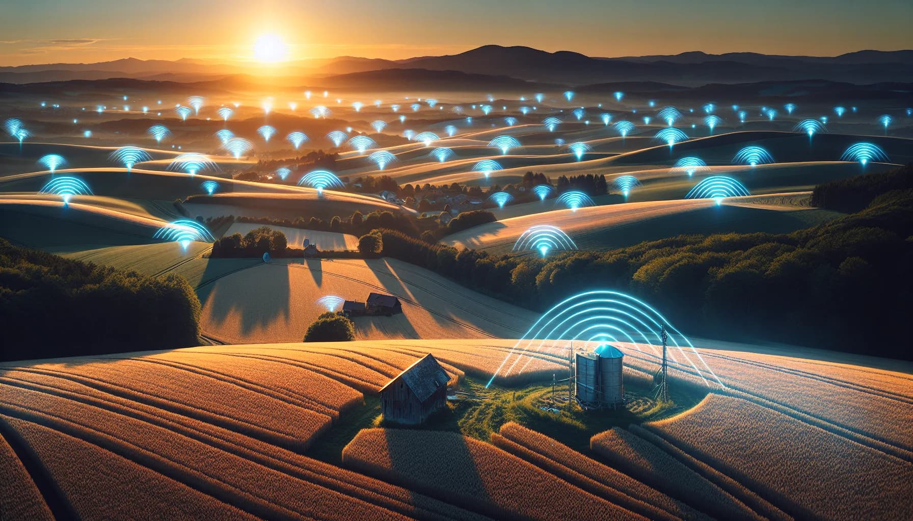 Aerial view of rural landscape with IoT sensors and blue light beams showing LoRaWAN radio waves at golden hour