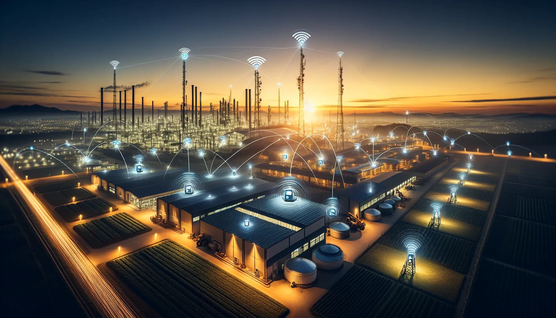 Industrial facility at golden hour with cellular towers connecting to IoT devices via glowing wireless signals