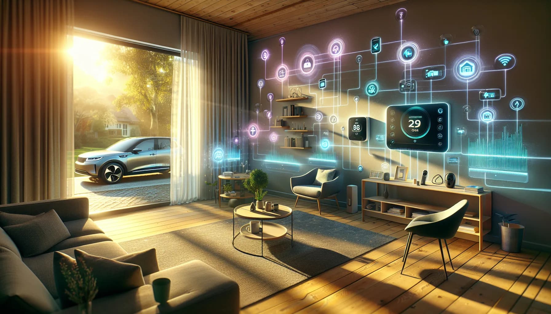 Modern living room showcasing M2M communication with glowing smart devices connected by translucent data streams in blue and purple