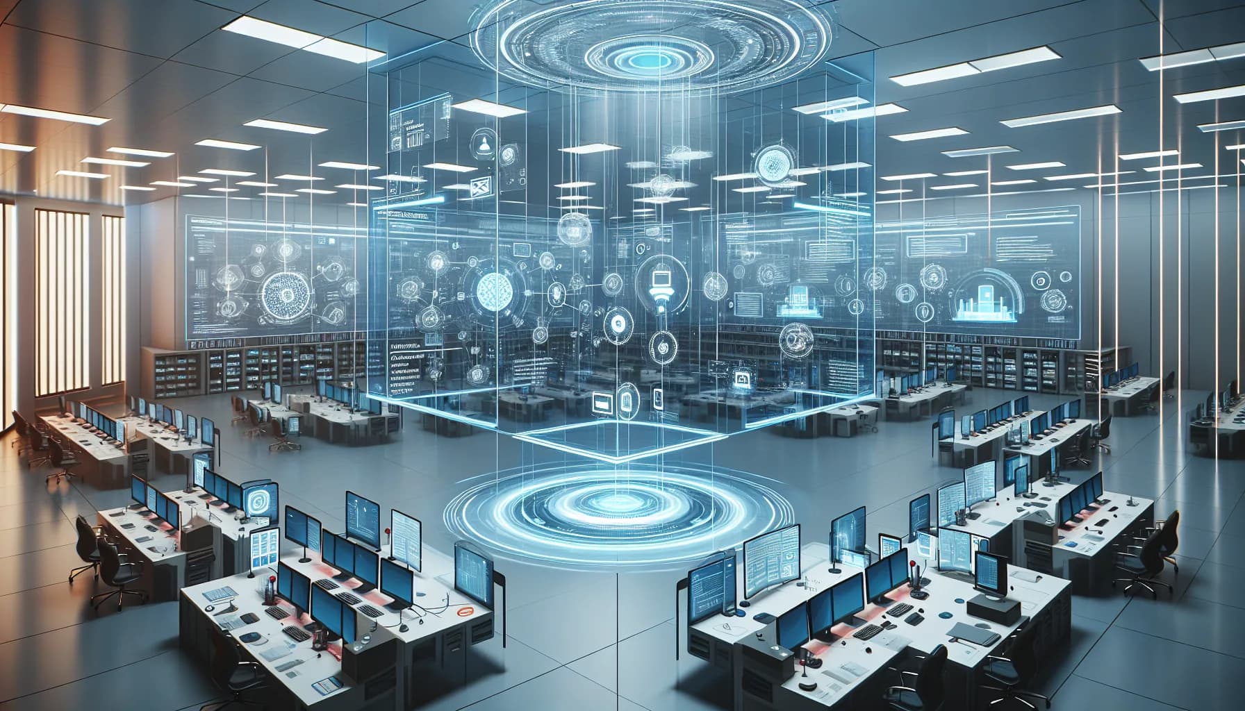 Futuristic digital library with floating holographic displays showing M2M device schemas and glowing terminology definitions