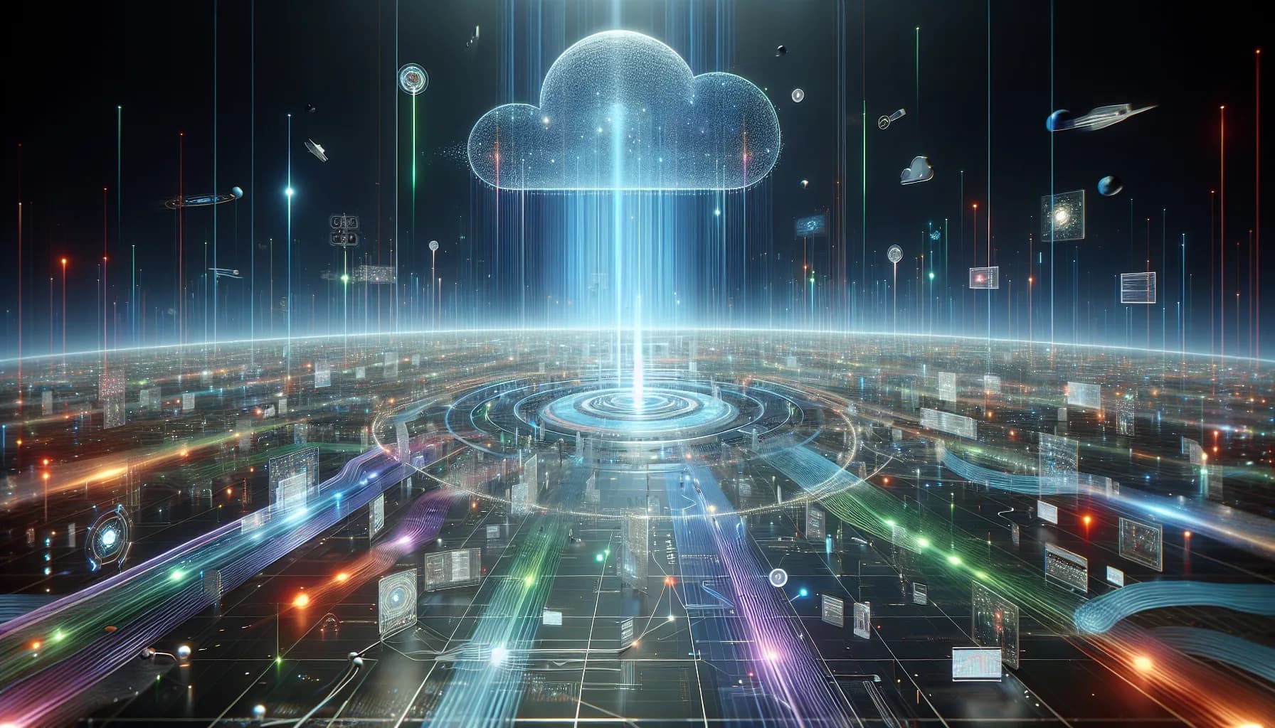 Translucent IoT broker hub with colorful data streams connecting various smart devices in a digital space, illustrating MQTT protocol