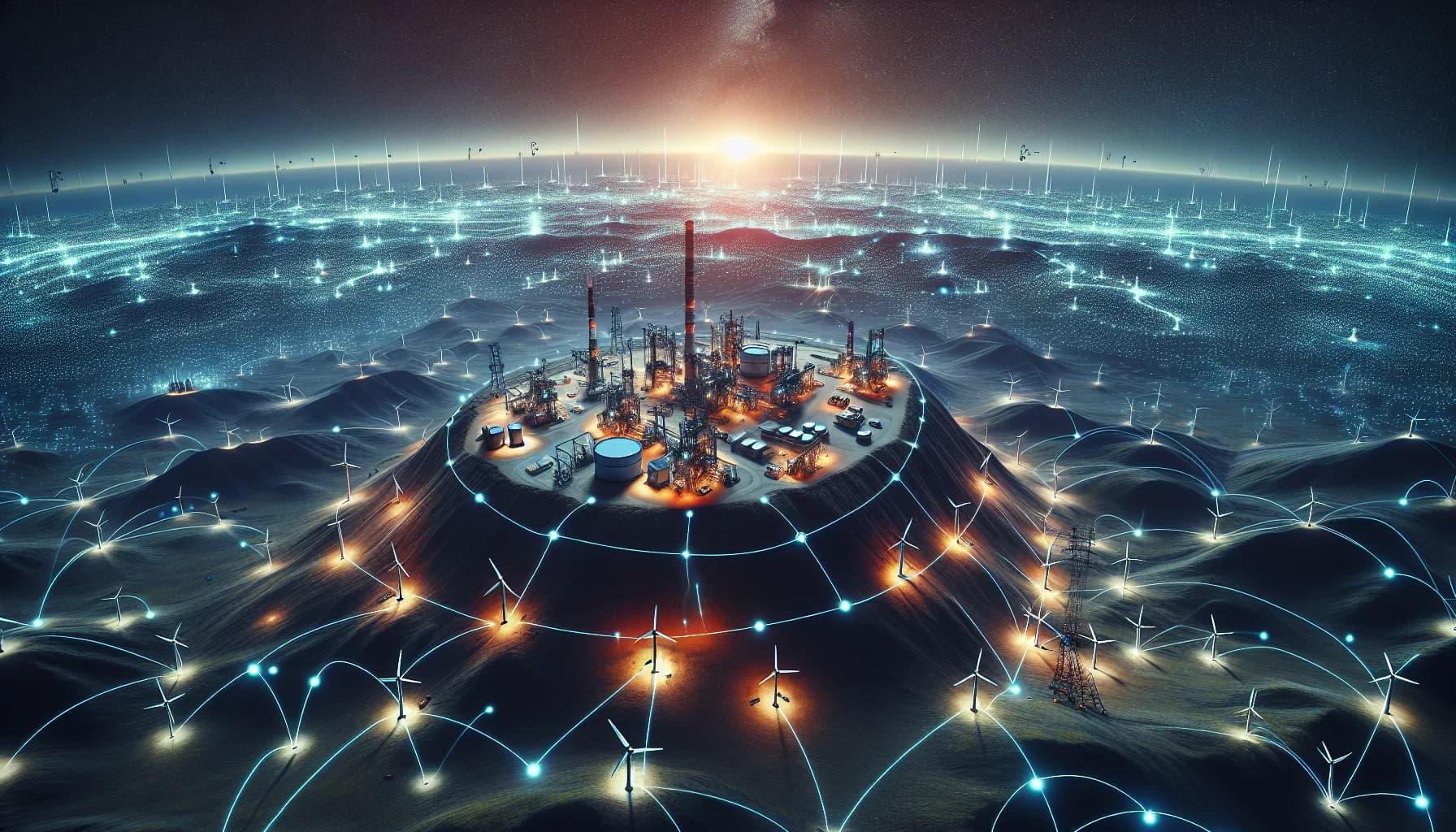Remote mountain industrial facility with oil derricks and wind turbines connected to satellite constellation via glowing data streams at sunset