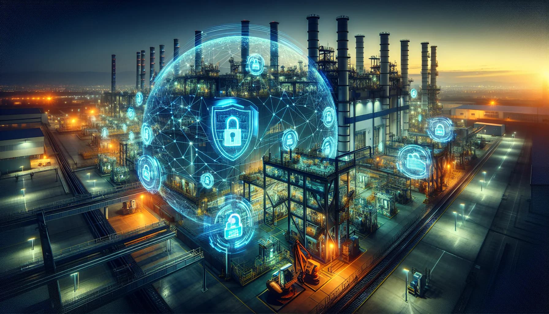 Futuristic industrial facility with glowing digital security shields protecting connected machinery and IoT devices at dusk