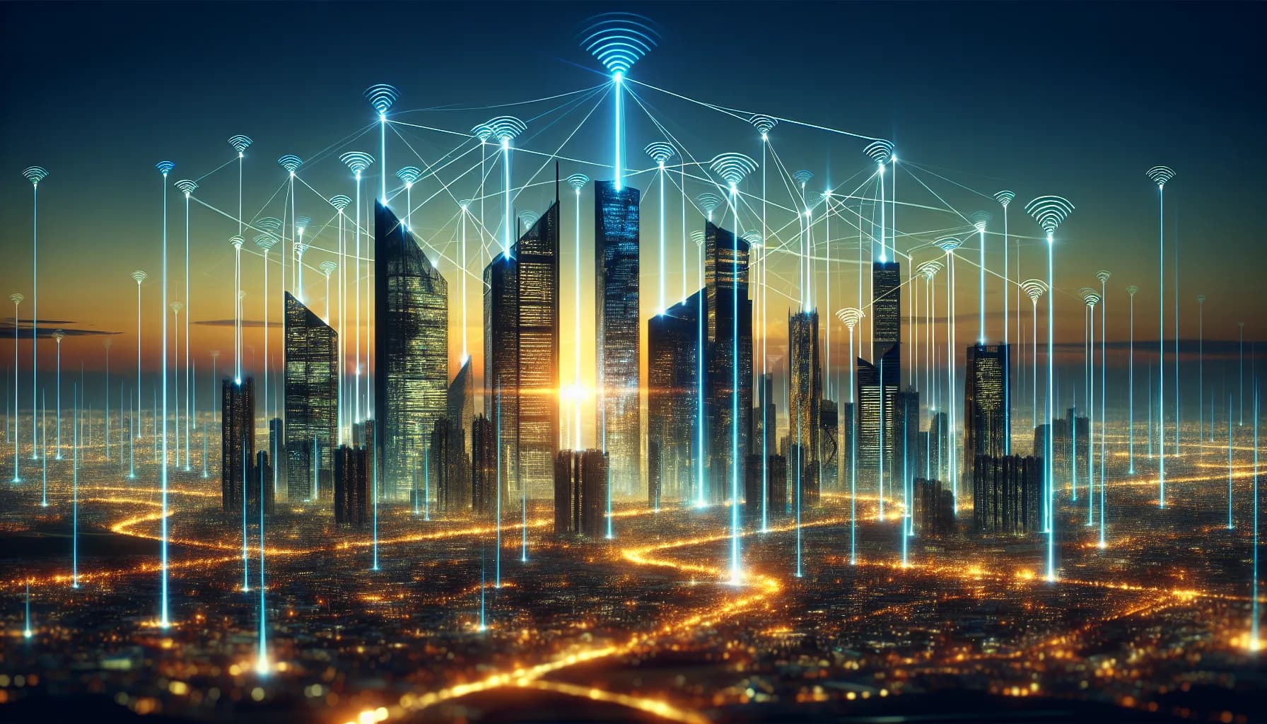Futuristic cityscape with bright blue 5G beams connecting tall buildings and golden LPWAN waves extending to rural IoT devices
