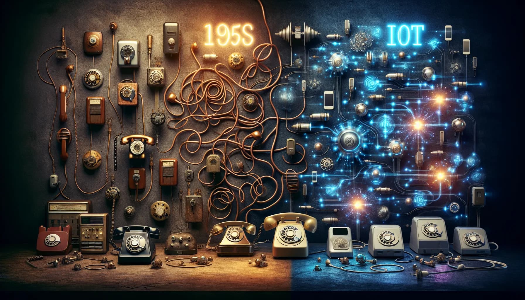 Cinematic timeline showing M2M communication evolution from 1950s rotary phones to modern IoT devices with glowing data streams