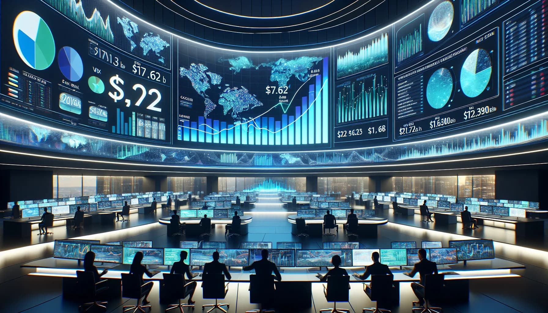 Futuristic command center with curved displays showing M2M market growth charts, holographic $27.62B projections, and global data visualizations