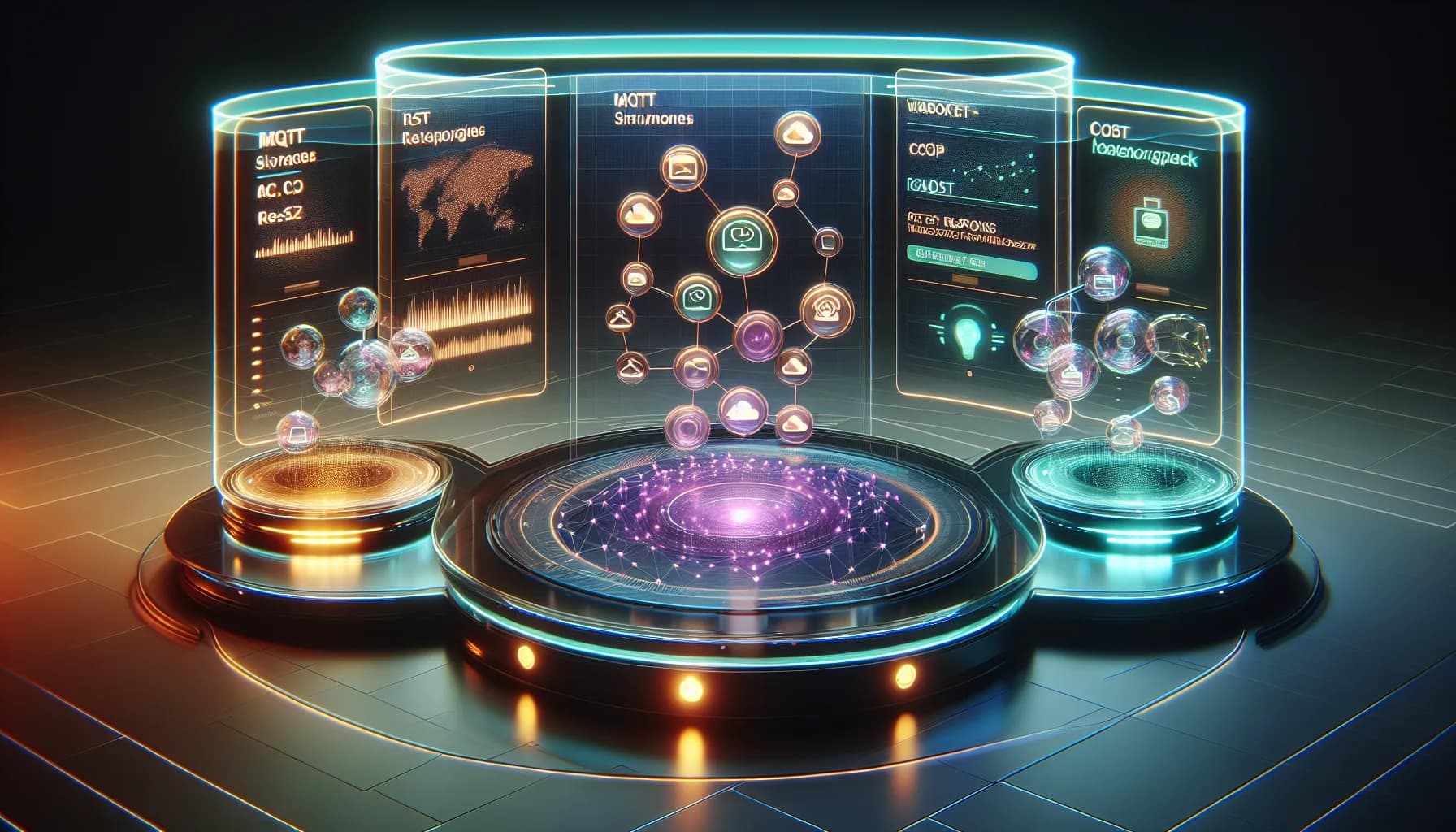 Three glowing holographic data streams representing WebSocket, MQTT, and CoAP protocols floating above a futuristic control desk