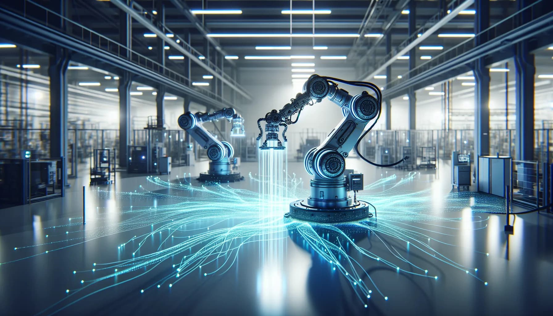 Two industrial robots with glowing blue data streams flowing between them, illustrating machine-to-machine communication in a modern factory.