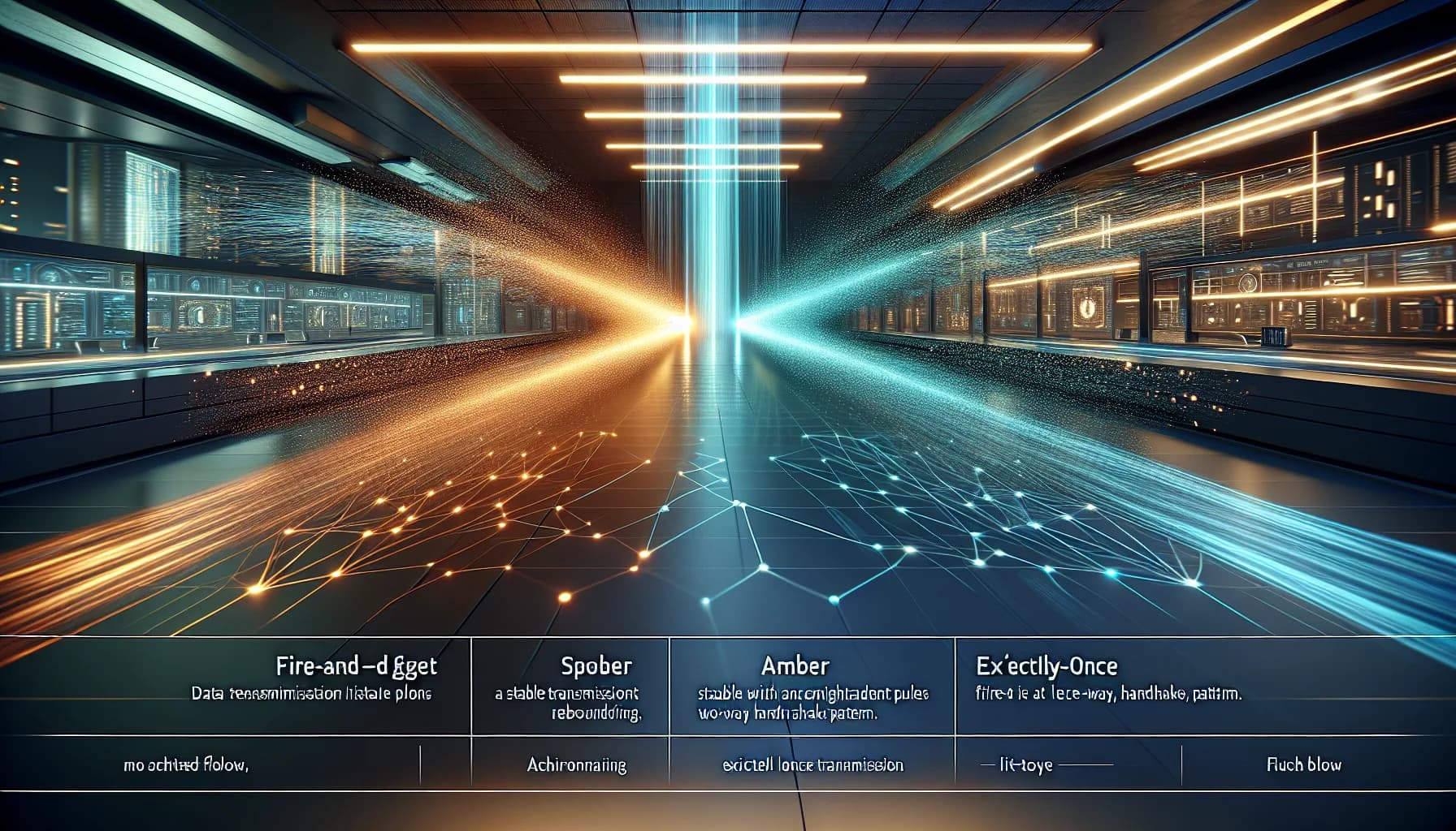 MQTT QoS levels visualized as three colored data beams: blue scattered particles, amber with pulses, emerald synchronized pattern