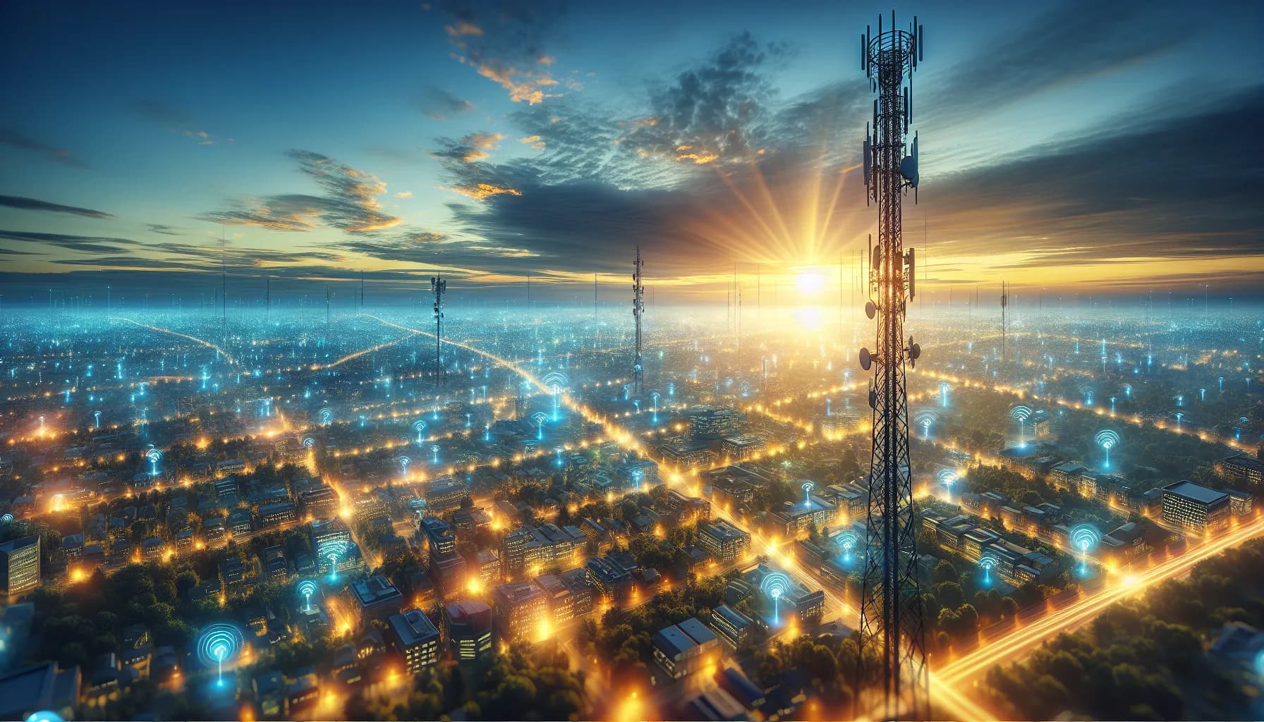 Smart city at dawn with cellular tower and glowing IoT sensors connected by light beams across urban landscape