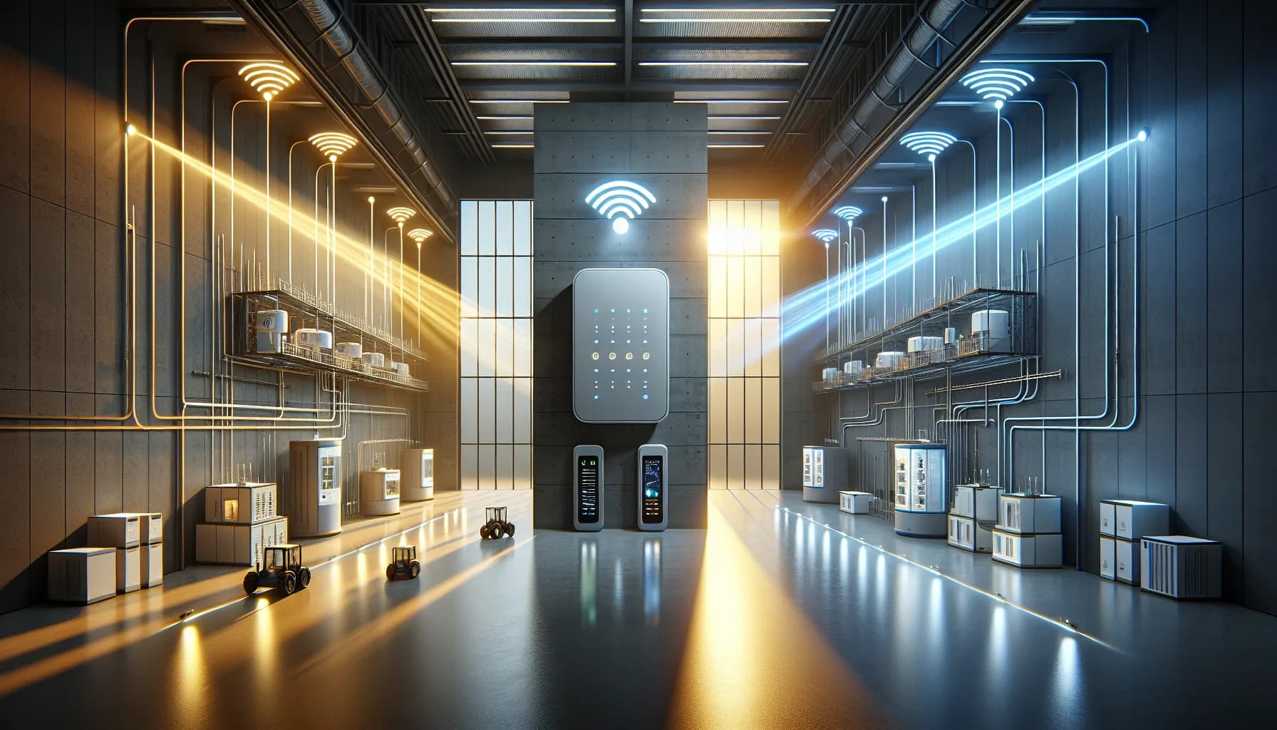 Modern industrial facility split-screen showing Wi-Fi connected sensors on left and cellular-connected mobile devices on right