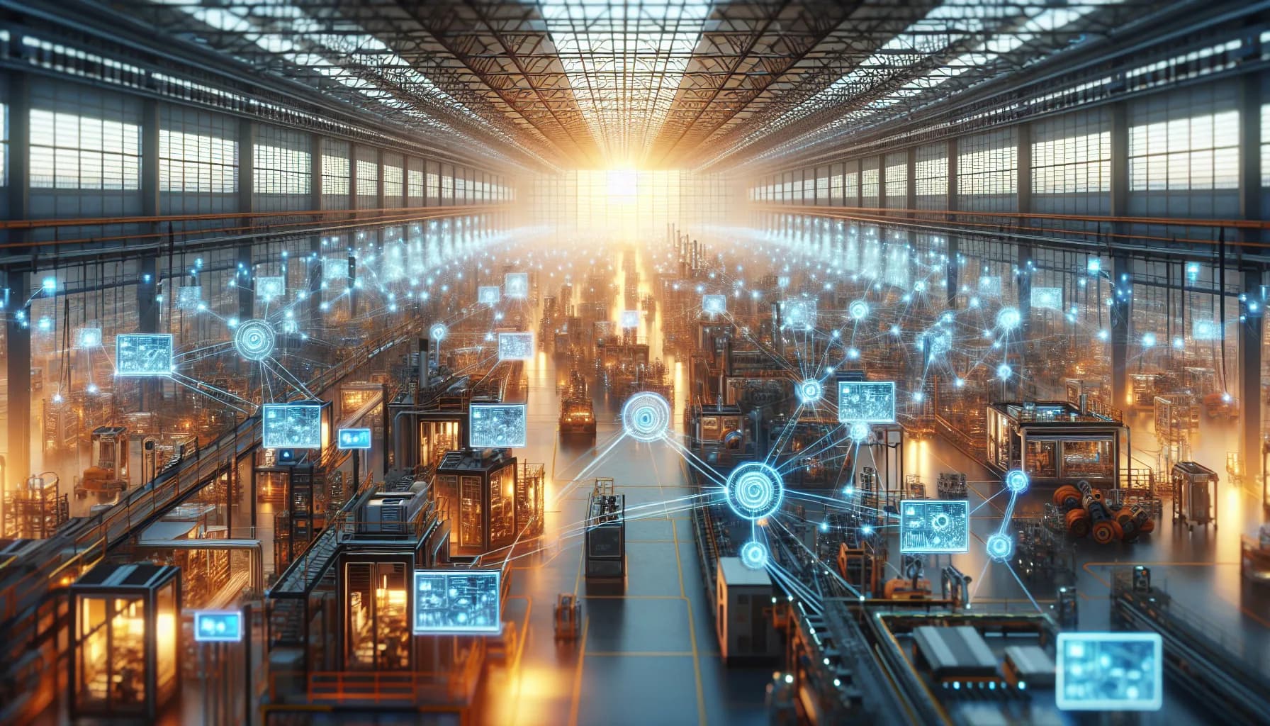 Modern factory floor with interconnected robotic systems and glowing blue data streams flowing between autonomous machines
