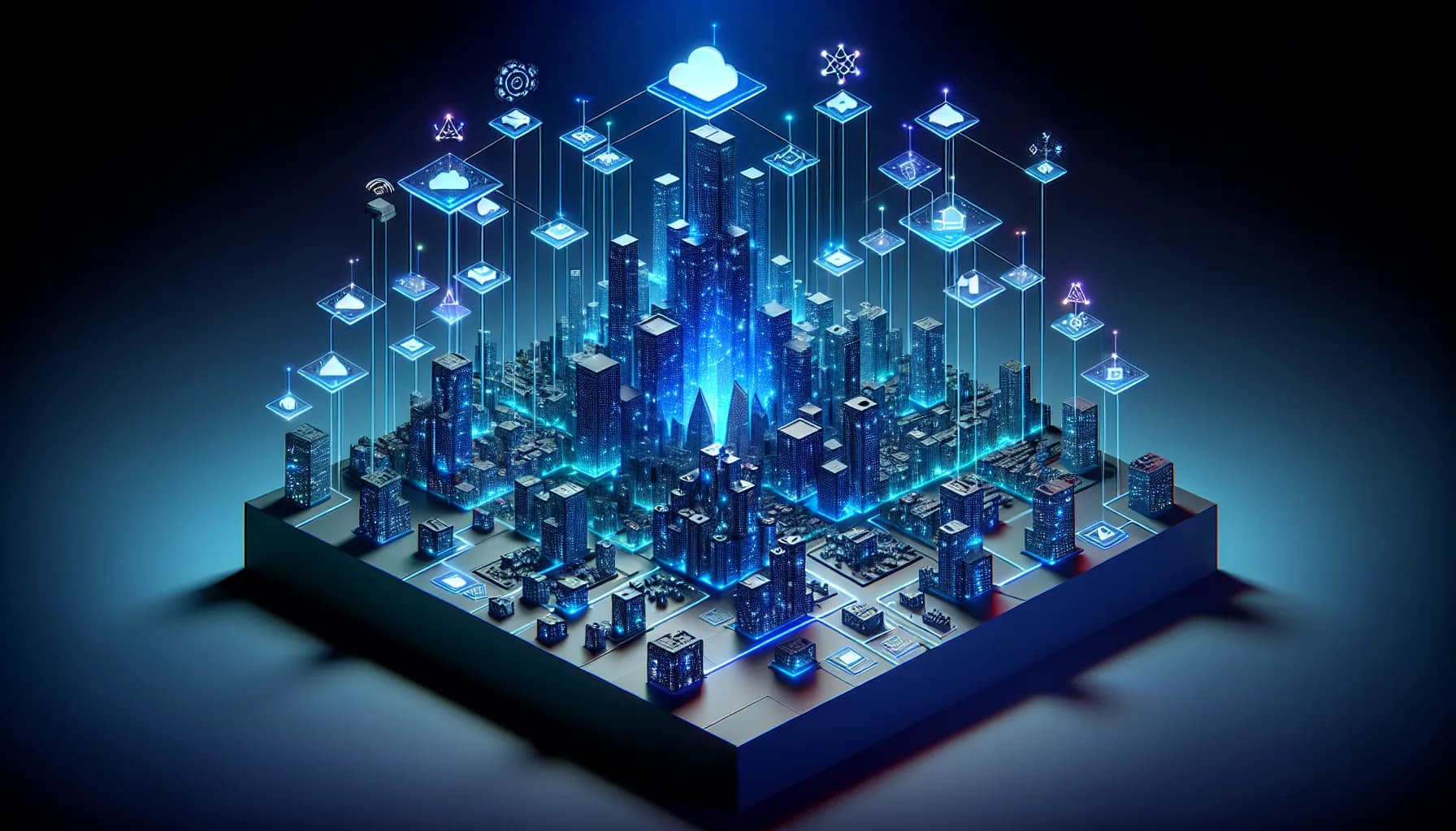 Futuristic 3D blueprint showing interconnected modular blocks representing M2M system components scaling from IoT devices to cloud.