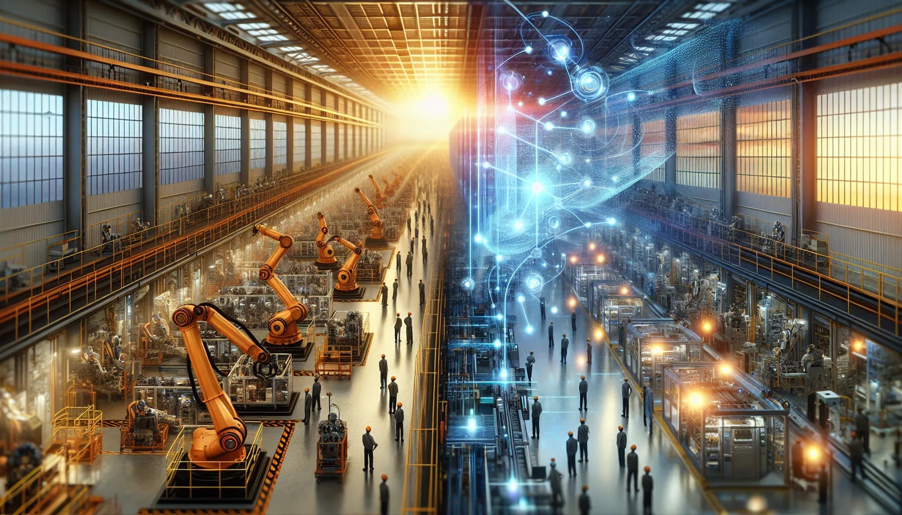 Split-screen view of industrial facility with workers and machinery beside its glowing blue holographic digital twin replica