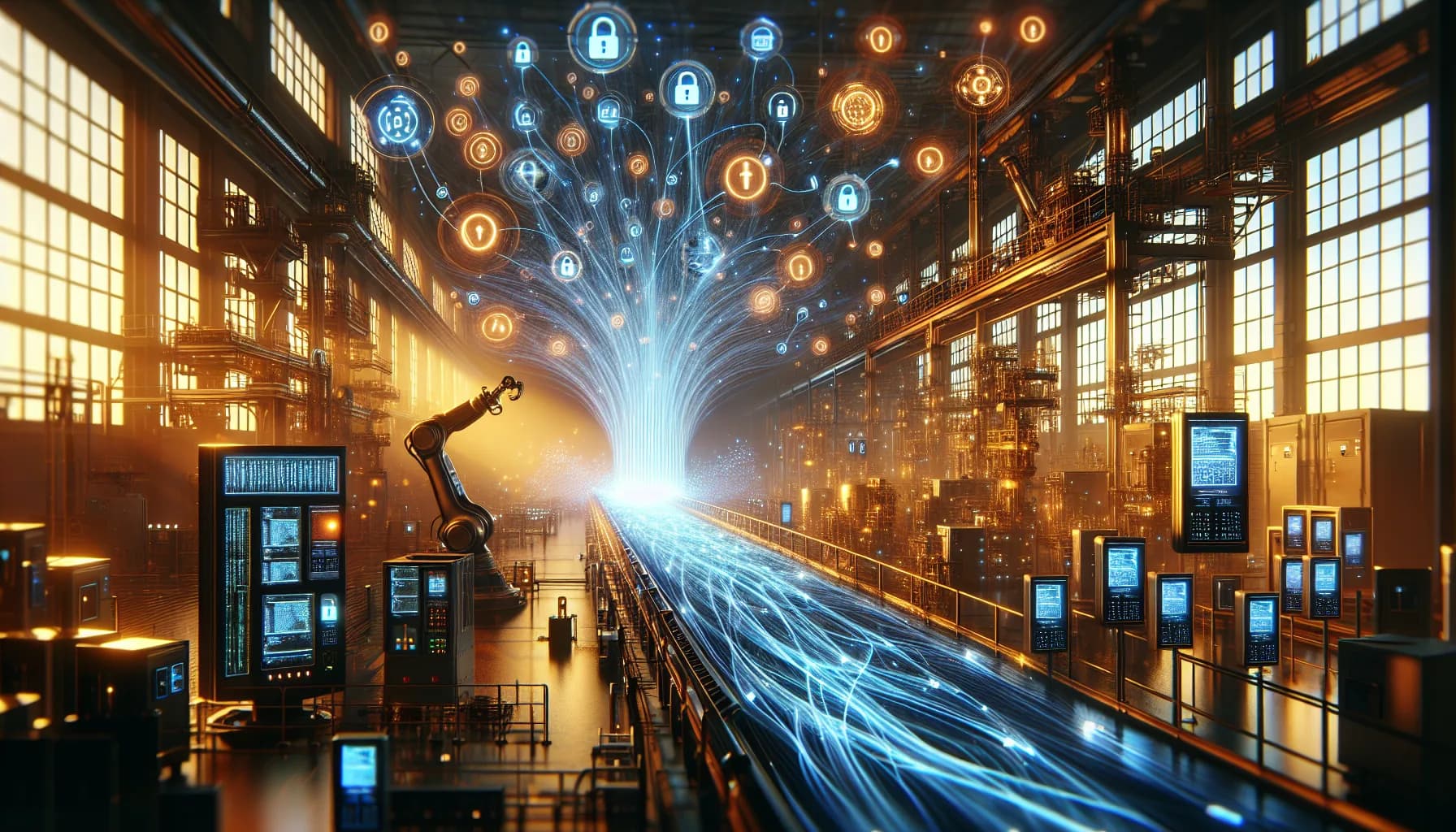 Industrial facility with IoT devices connected by glowing blue encrypted data streams and golden security shields at sunset