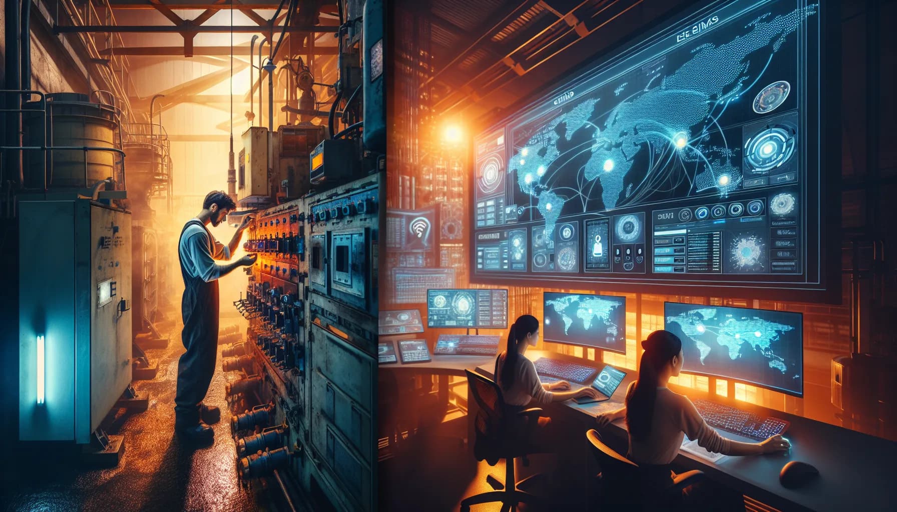 Split-screen showing technician manually inserting SIM cards into industrial IoT devices versus operators remotely managing eSIMs