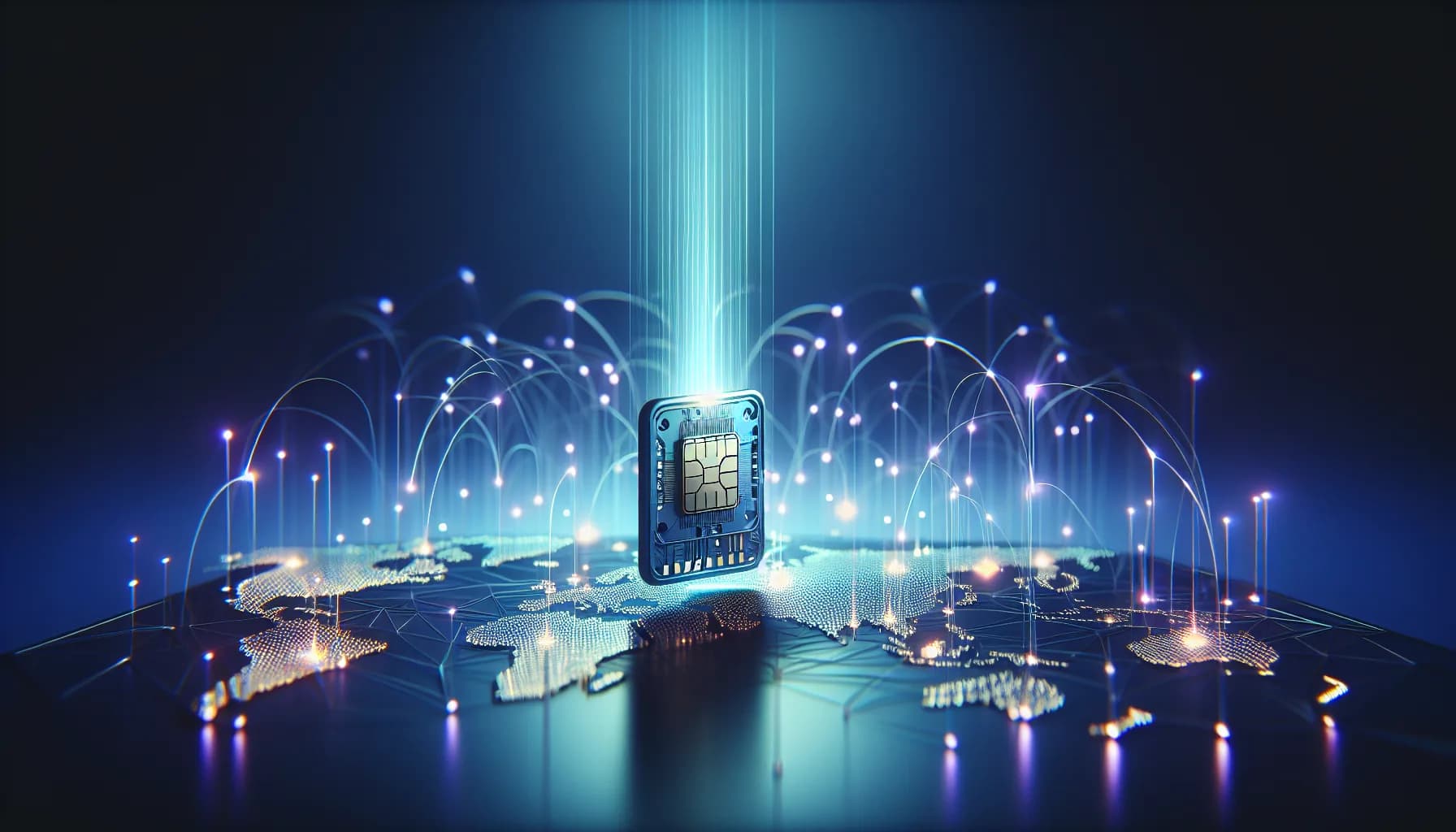 Futuristic IoT device with glowing embedded chip receiving blue light streams, set against illuminated world map background