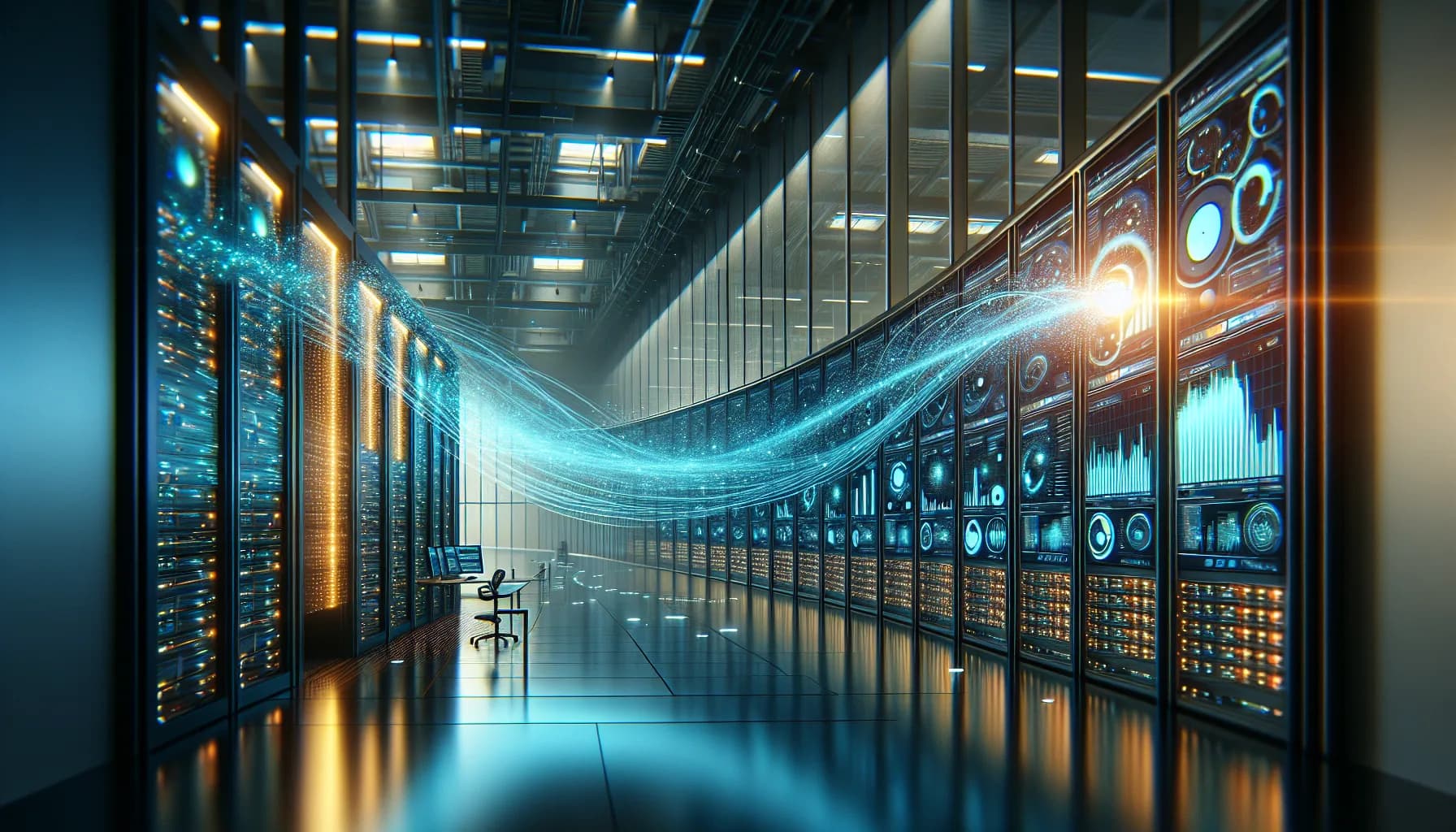Industrial facility showing IoT sensors with blue data streams flowing through server racks to a curved LED dashboard wall.