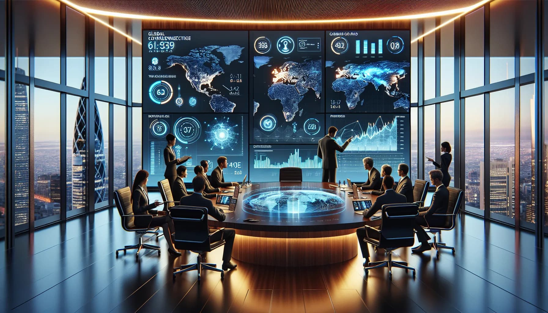 Business professionals in modern boardroom analyzing global M2M connectivity maps and coverage data on wall displays
