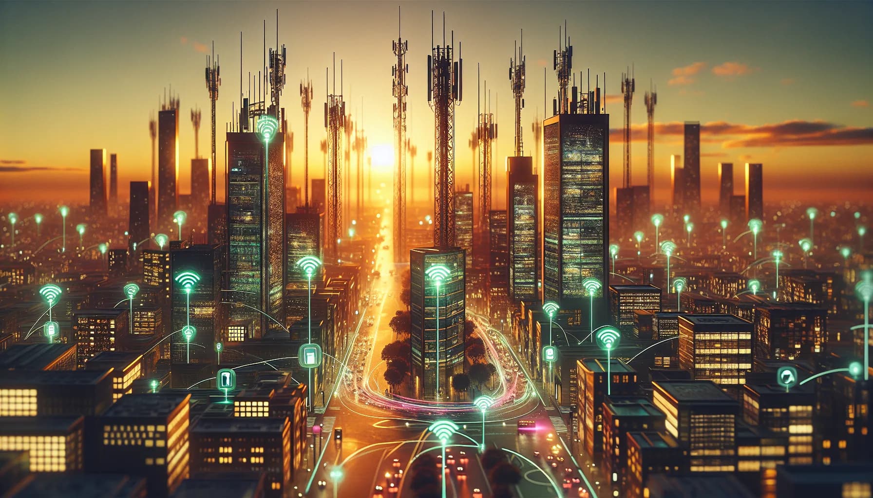 Modern smart city at golden hour showing cellular towers and LoRaWAN gateways with data streams connecting IoT devices
