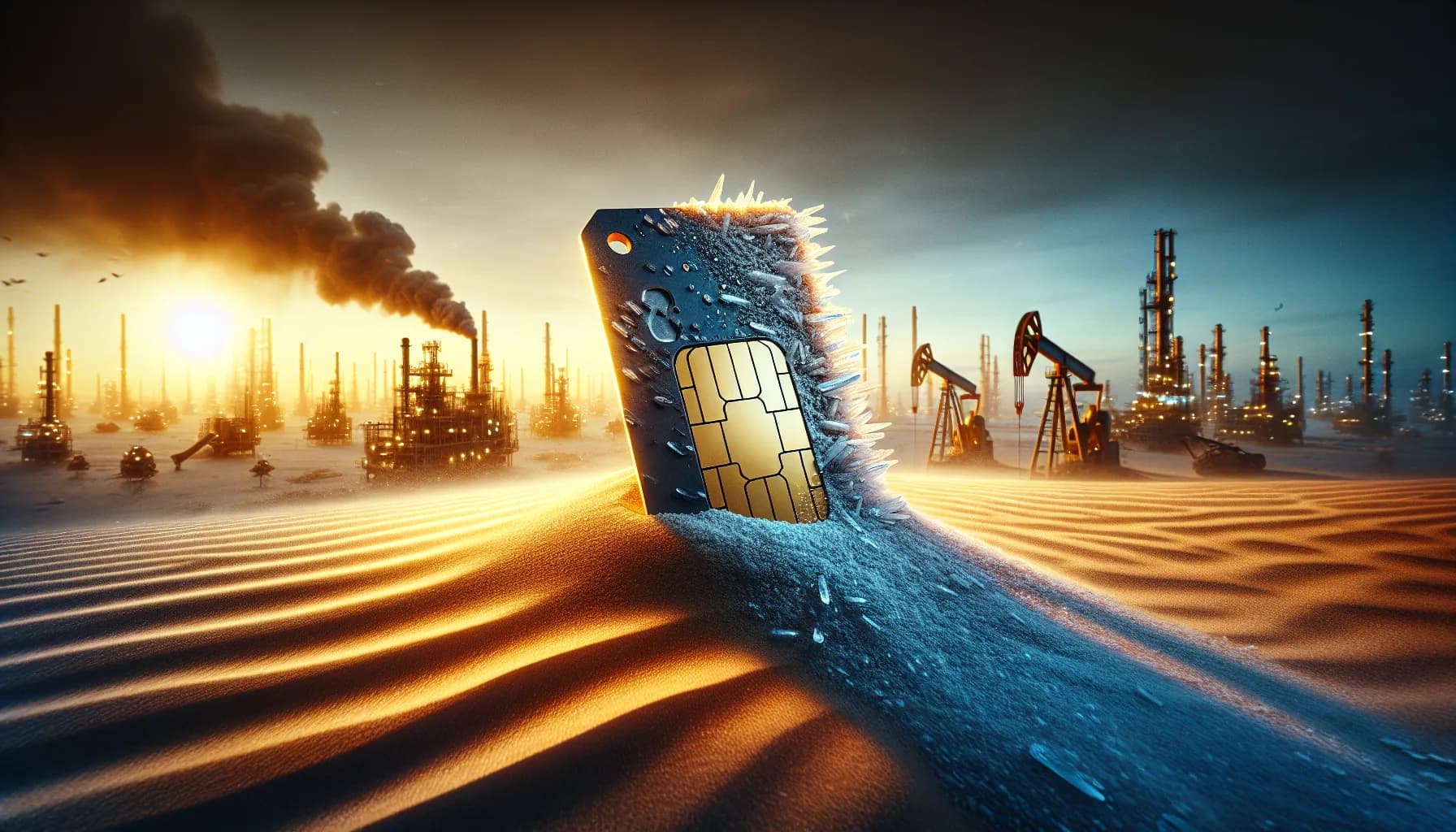 Industrial SIM card gleaming in desert sand and ice crystals, with oil derricks and factories in background under dramatic sky