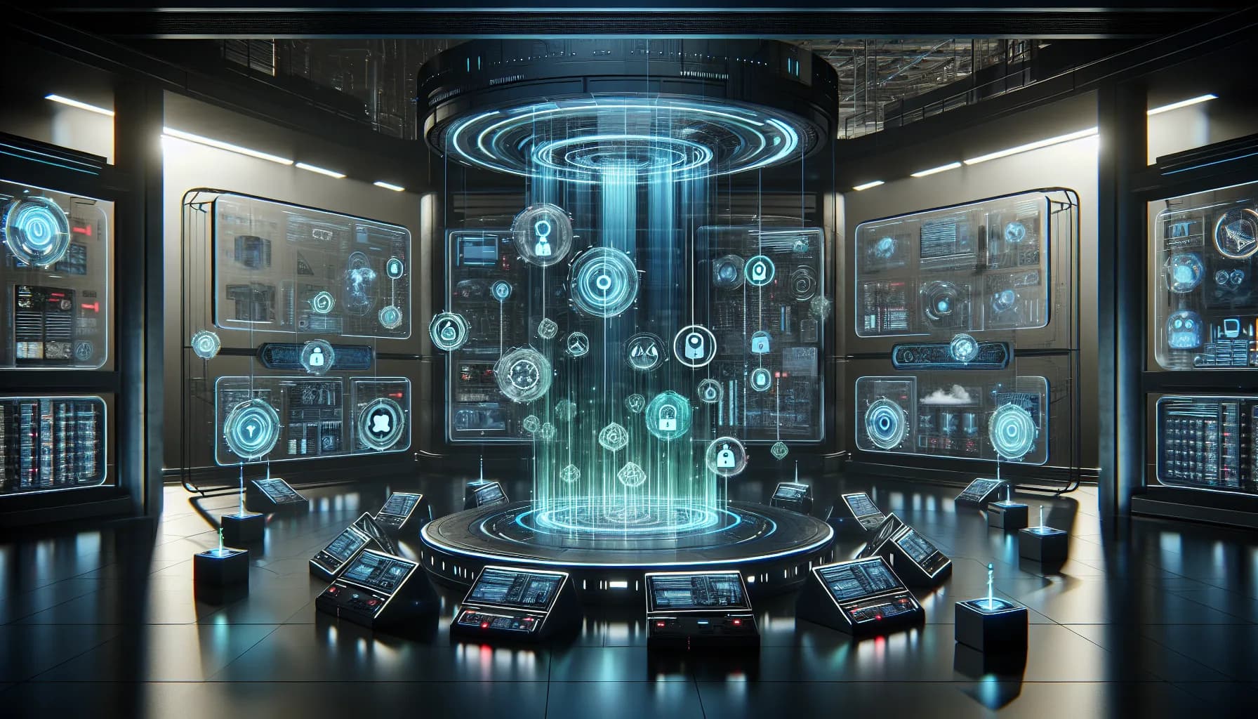 Futuristic security command center with holographic displays showing IoT device authentication flows and connected smart devices