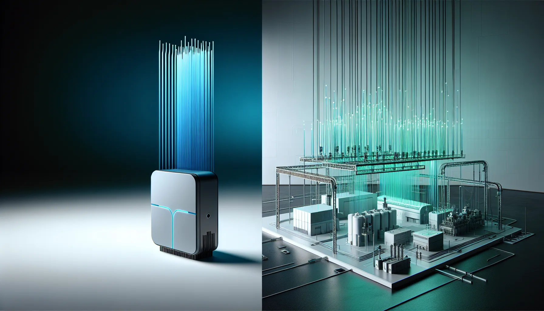 Split-screen showing single IoT sensor with blue data streams vs multiple connected industrial devices with green network flows