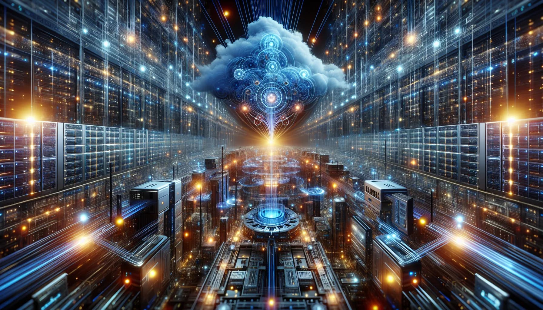 Futuristic data center with central hub connected to thousands of glowing IoT devices via blue light streams ascending to clouds