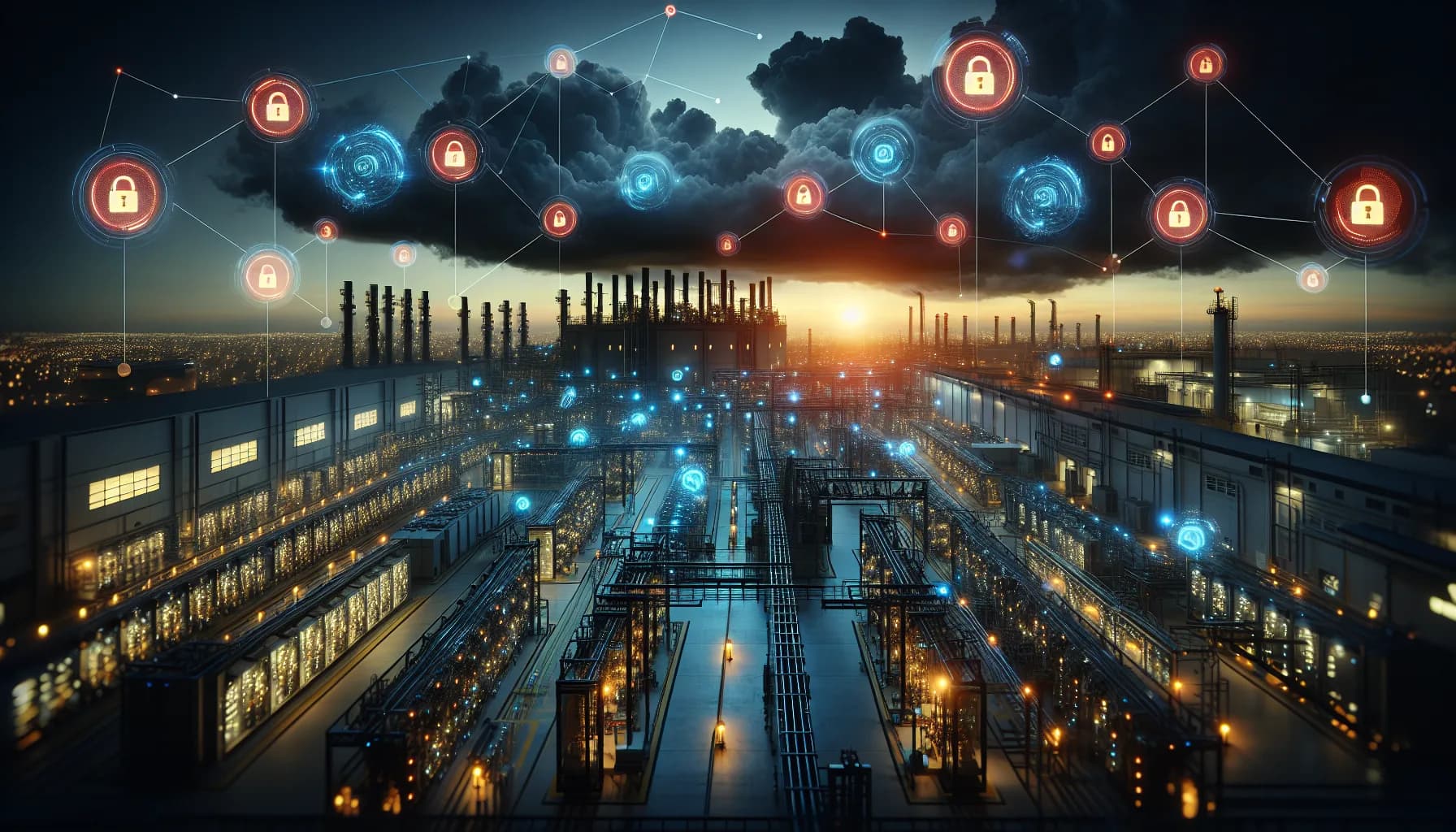 Industrial facility at dusk with glowing connected machinery, holographic security shields, and warning symbols illustrating M2M cybersecurity threats and protection.
