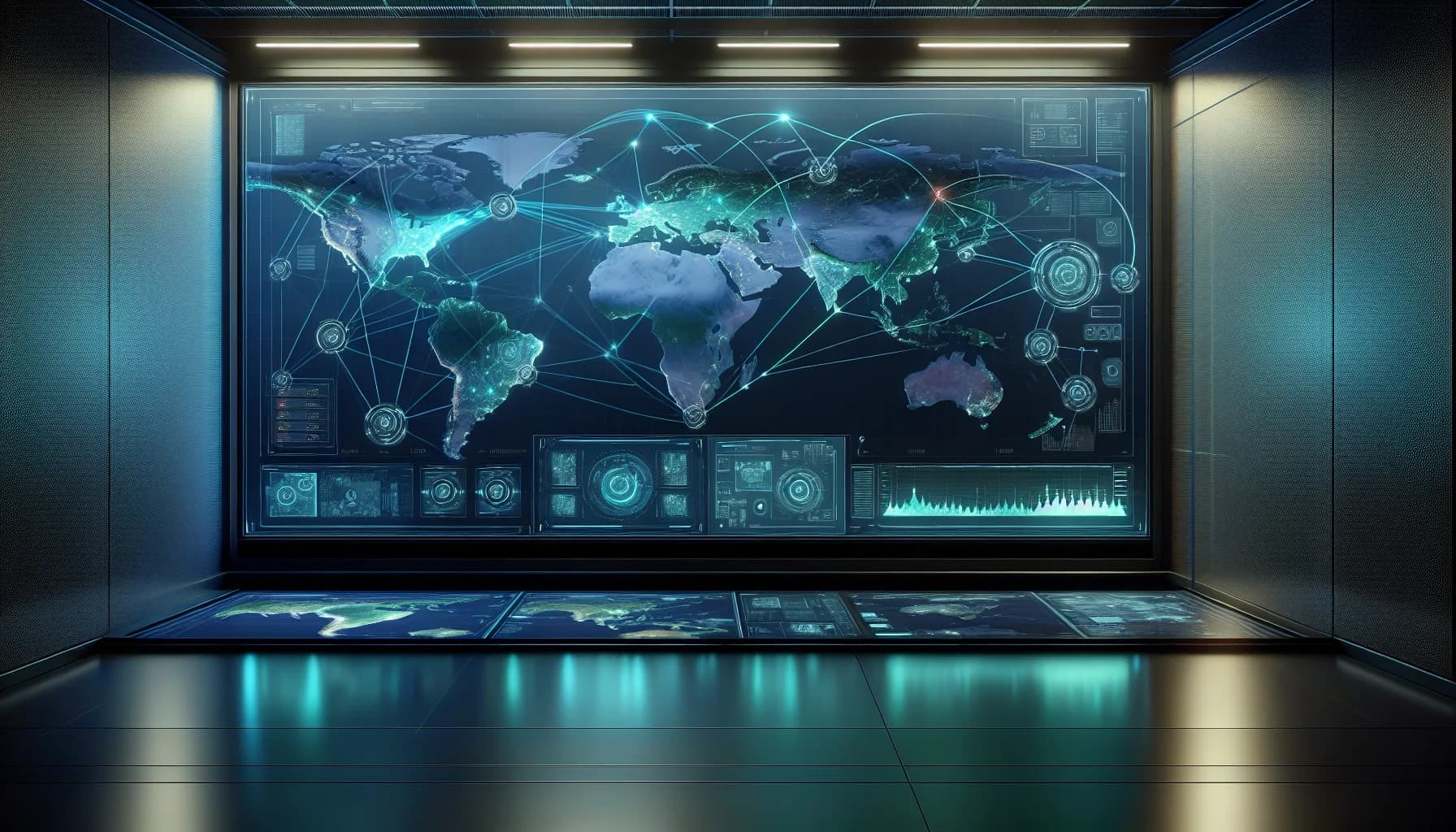 Futuristic control room displaying blue steered and green non-steered network pathways connecting IoT devices on world map