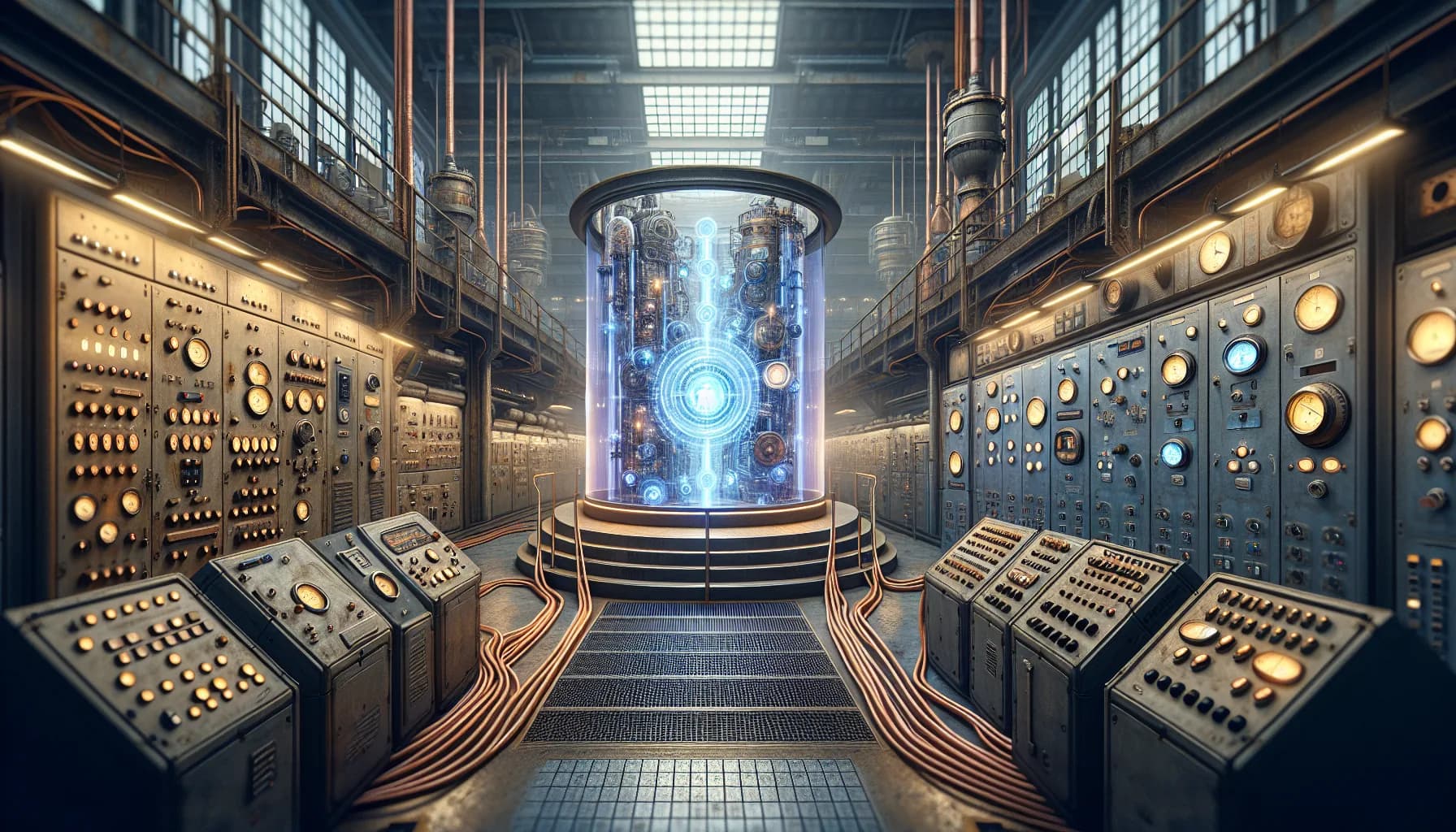 Industrial facility showing legacy machinery with analog controls connecting through a glowing central gateway to modern IoT devices.