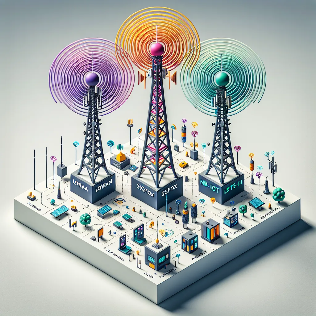Four wireless towers showing LPWAN technologies (LoRaWAN, Sigfox, NB-IoT, LTE-M) with colored signal waves and IoT devices.
