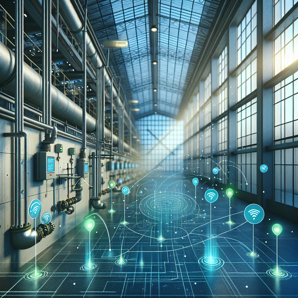 Industrial facility with wireless BLE sensors on pipes and walls, showing temperature, humidity, and pressure monitoring devices connected to central gateway hub.