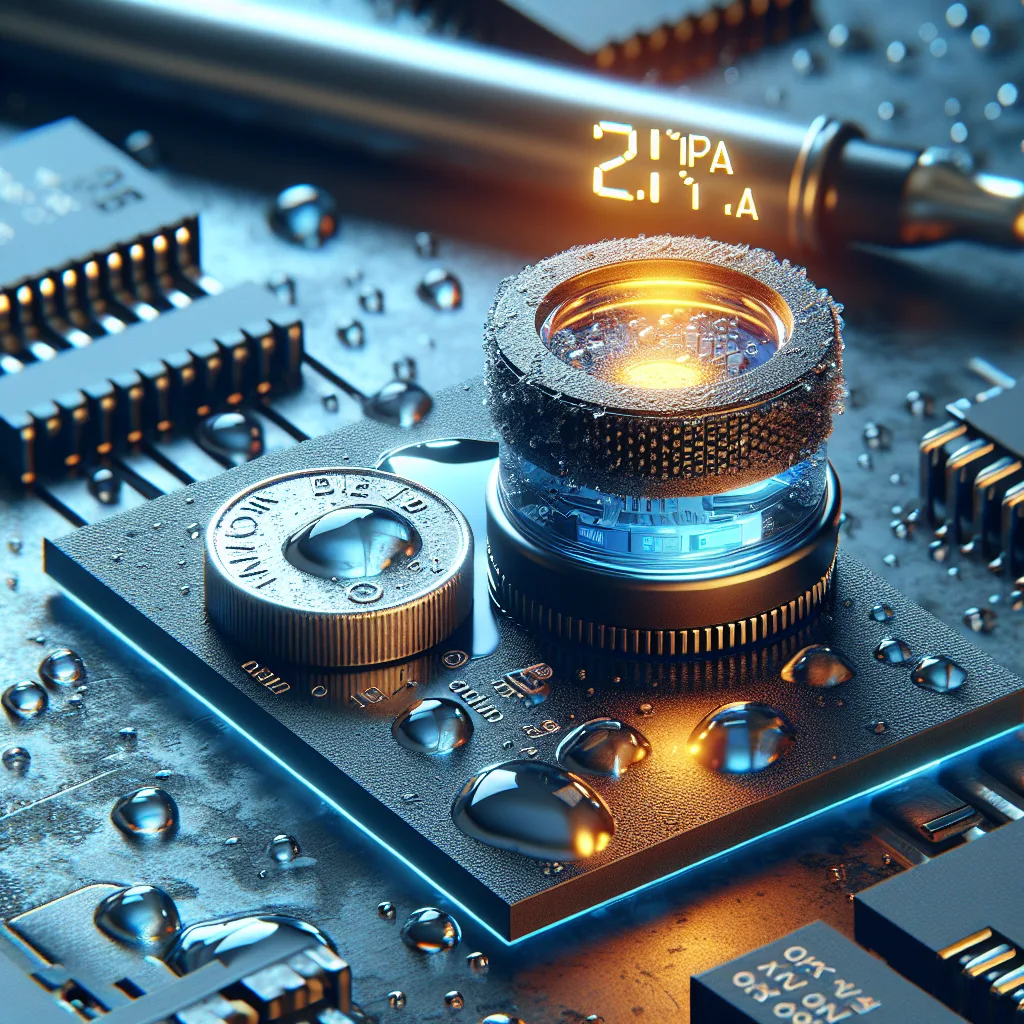 Extreme close-up of BLE sensor module beside coin cell battery with holographic power consumption display showing 2.1µA