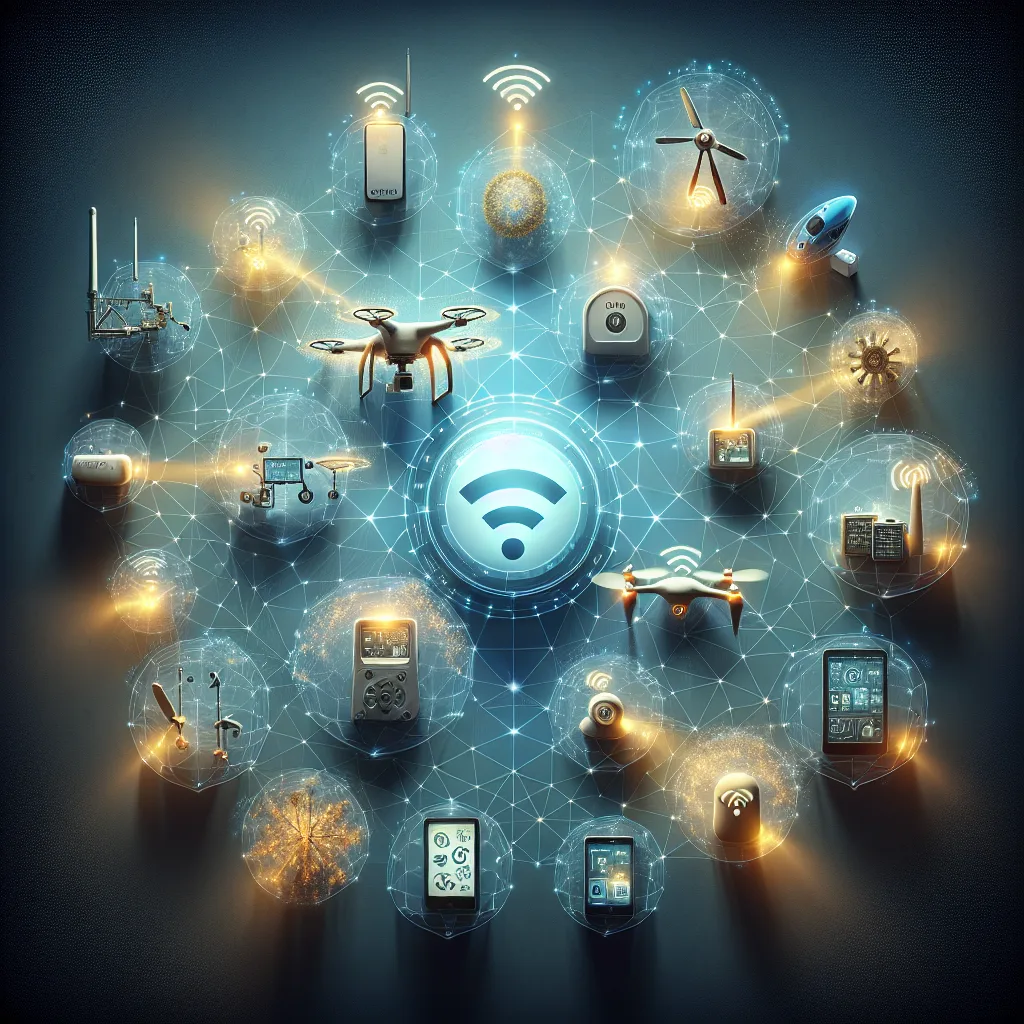 Industrial IoT devices in circular formation with glowing network lines connecting directly, bypassing central hubs in decentralized M2M network