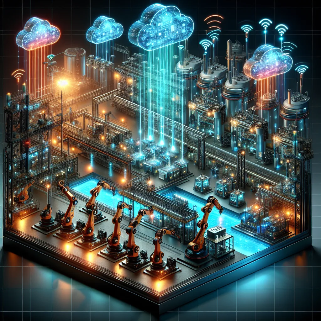 Smart factory floor with robotic arms and sensors connected to edge computing nodes, showing local data streams and distant cloud connectivity in blue and orange lighting.
