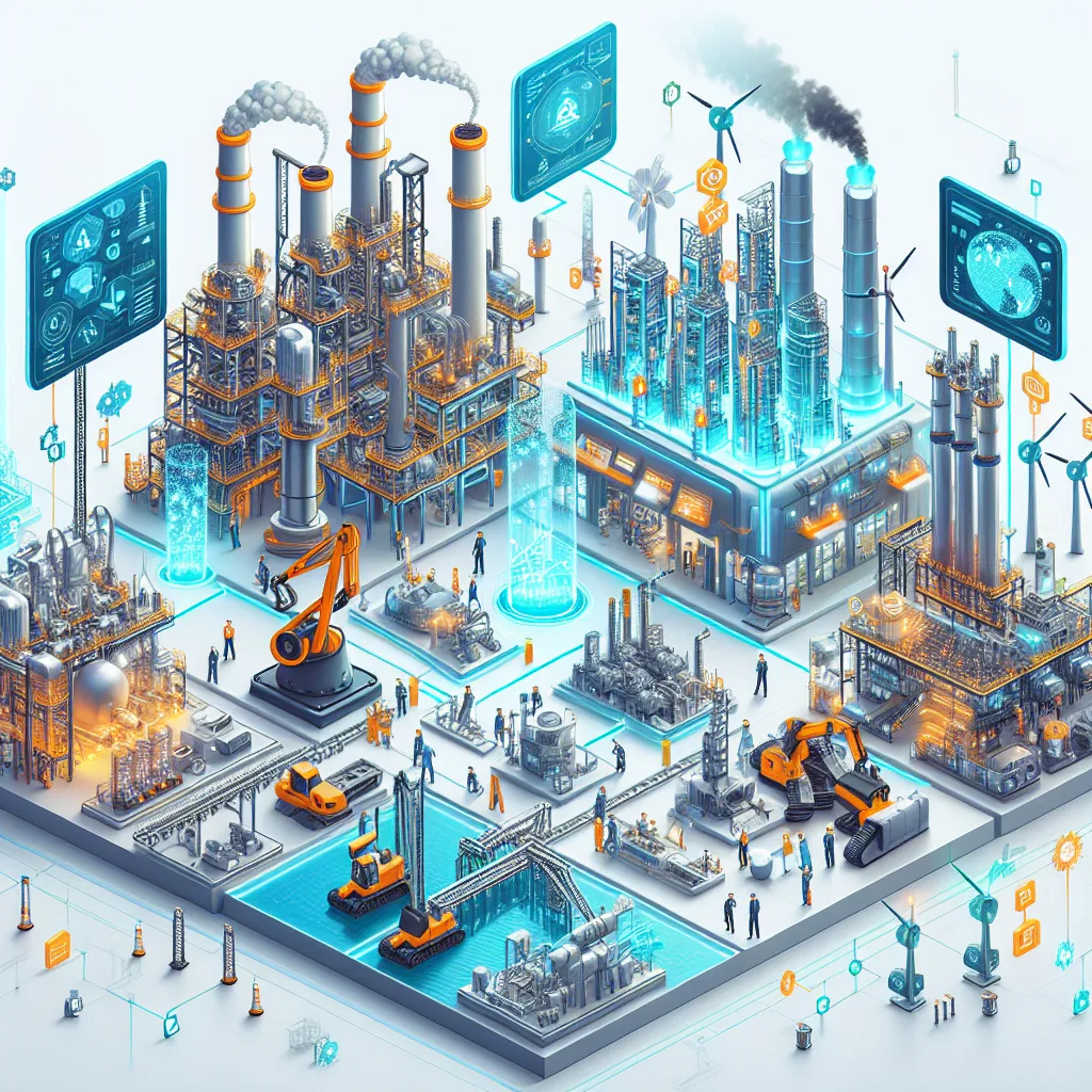 Isometric diagram showing industrial assets like factories, refineries, and wind farms paired with glowing blue digital twin replicas.