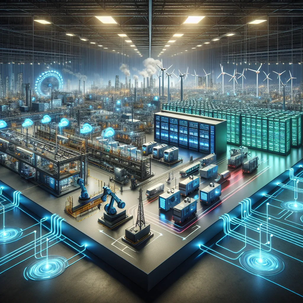 Industrial scene showing edge computing across manufacturing, smart city traffic, and renewable energy with data streams flowing to local processors and cloud servers.