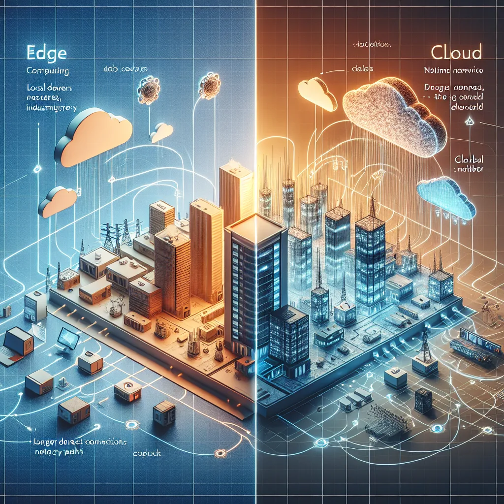 Split diagram comparing edge computing with local IoT devices and nearby servers versus cloud computing with remote data centers