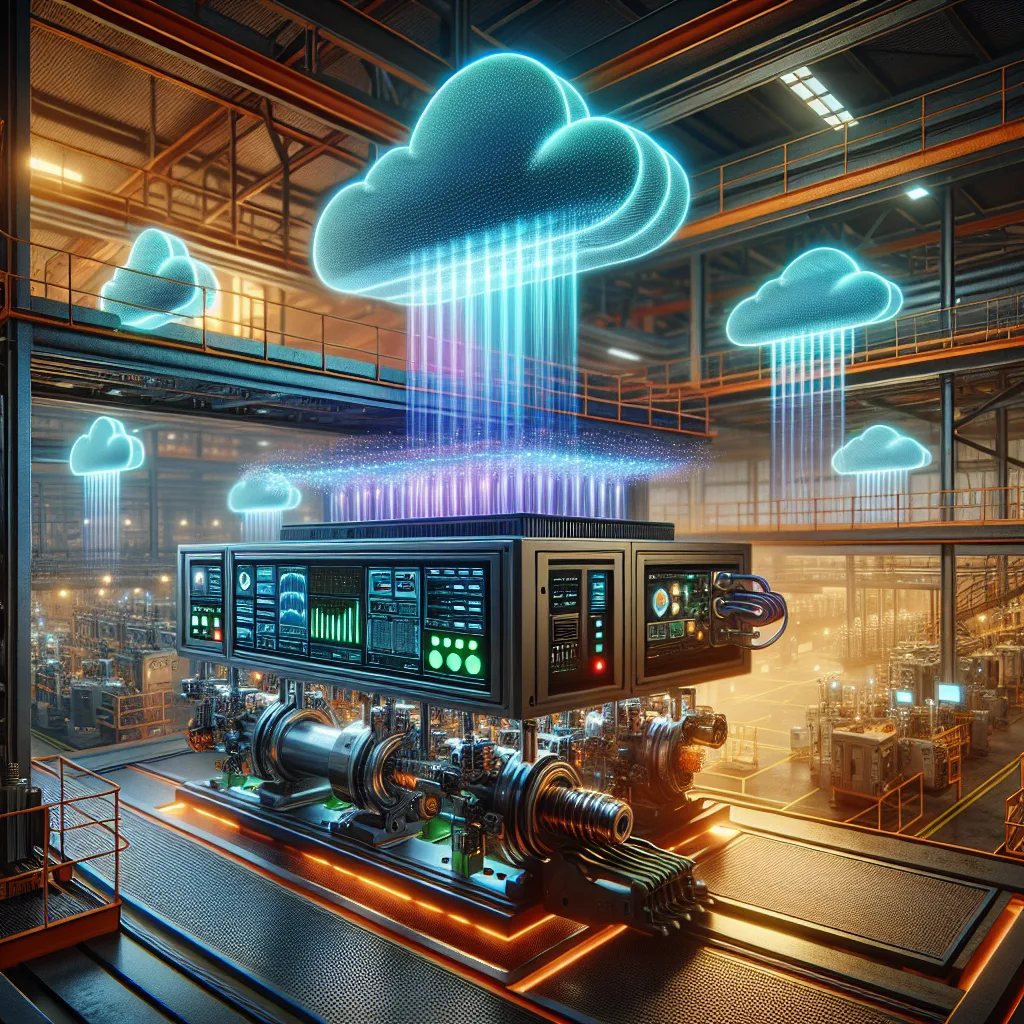 Industrial factory showing edge computing devices on machinery connected by fiber optic cables to cloud servers above